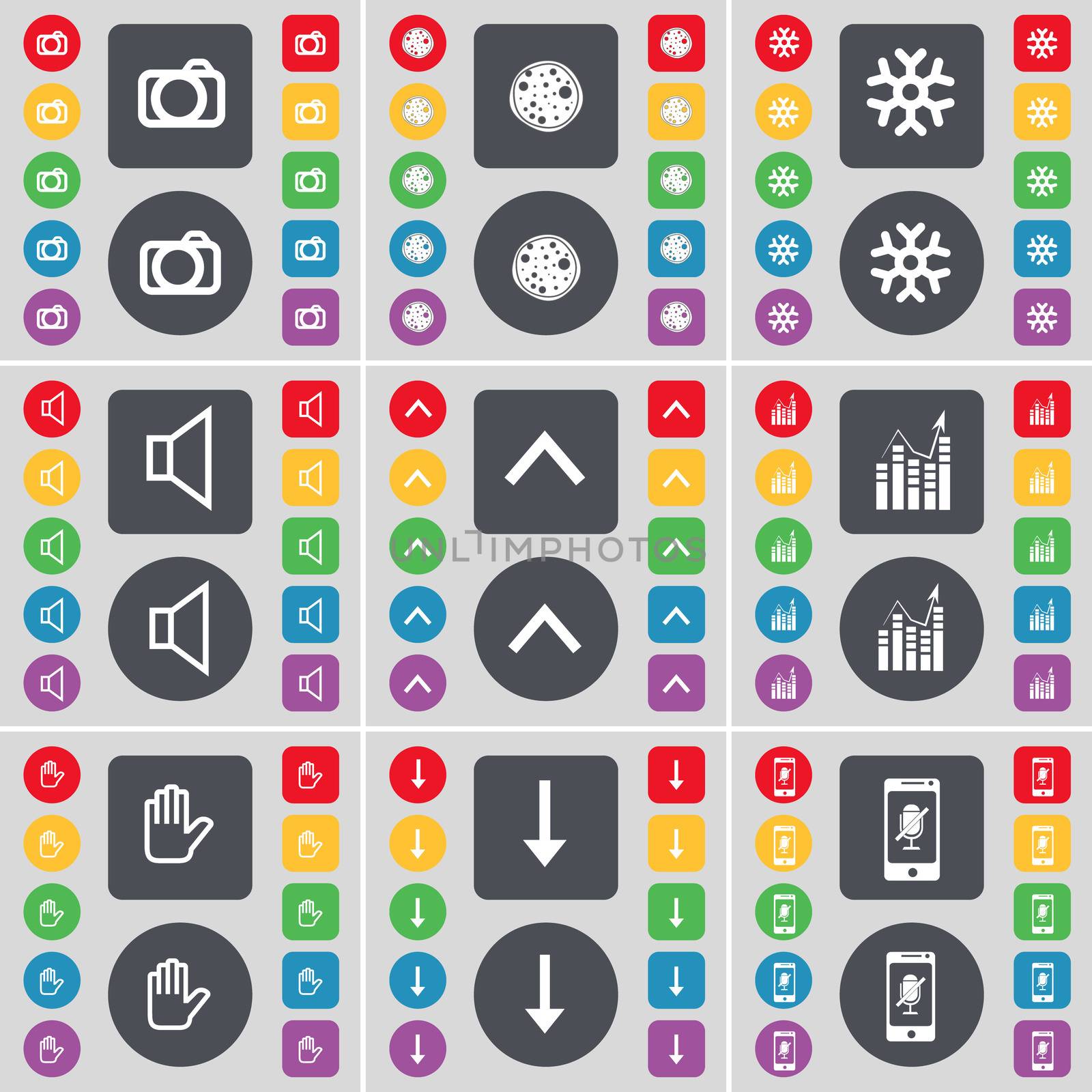 Camera, Pizza, Snowflake, Sound, Arrow up, Graph, Hand, Arrow down, Smartphone icon symbol. A large set of flat, colored buttons for your design. illustration