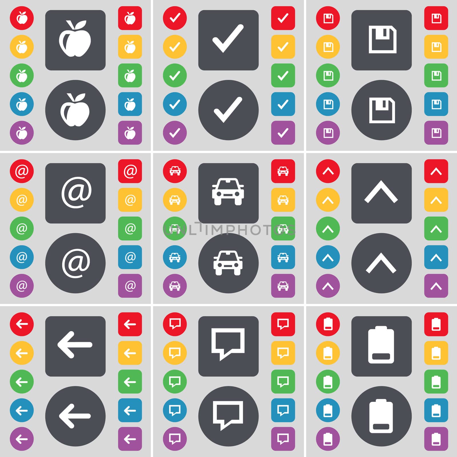 Apple, Tick, Floppy, Mail, Car, Arrow up, Arrow left, Chat bubble, Battery icon symbol. A large set of flat, colored buttons for your design.  by serhii_lohvyniuk