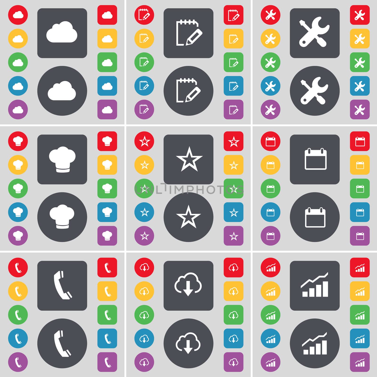 Cloud, Notebook, Wrench, Cooking hat, Star, Calendar, Receiver, Cloud, Graph icon symbol. A large set of flat, colored buttons for your design.  by serhii_lohvyniuk