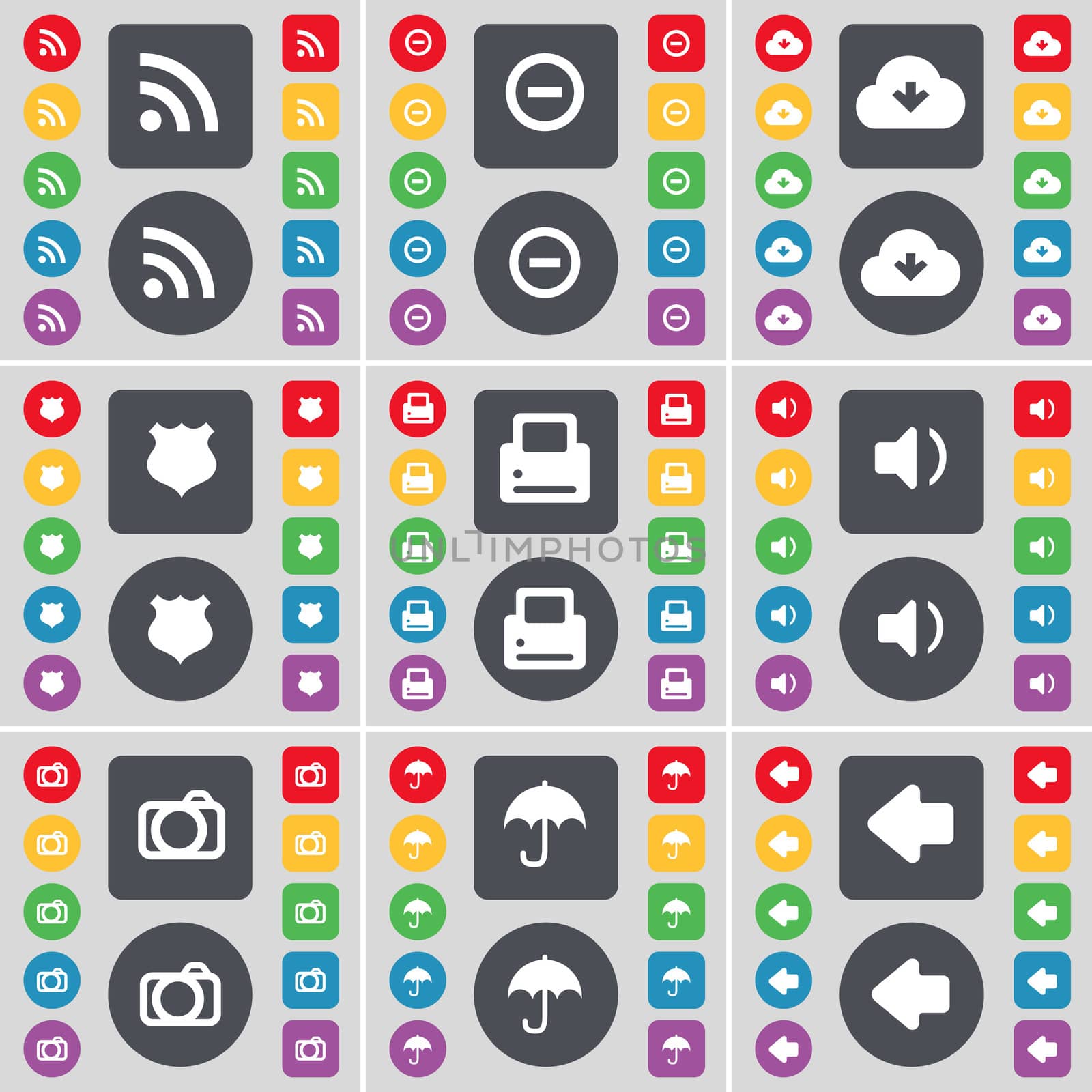 RSS, Minus, Cloud, Police badge, Sound, Camera, Umbrella, Arrow left icon symbol. A large set of flat, colored buttons for your design.  by serhii_lohvyniuk
