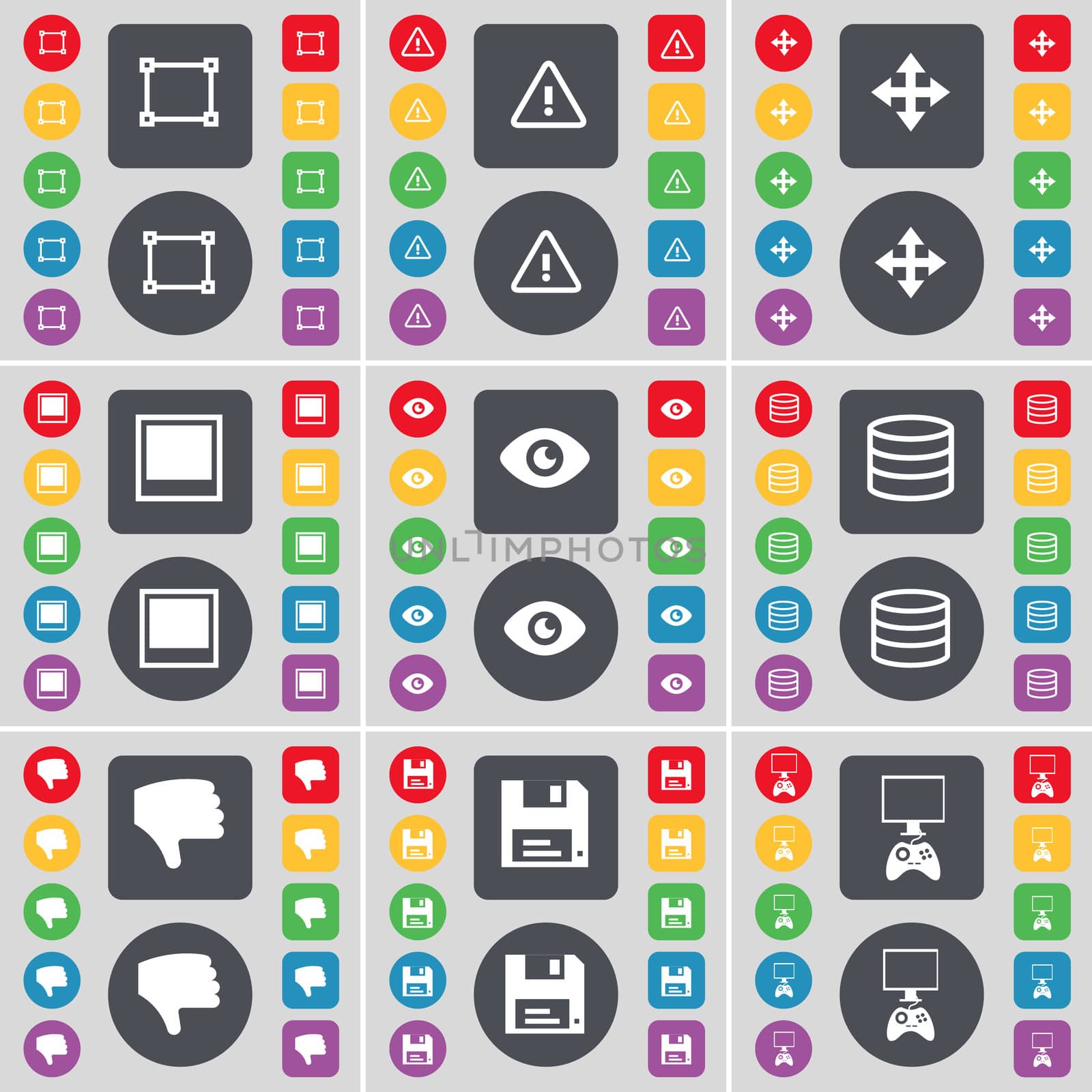 Frame, Warning, Moving, Window, Vision, Database, Dislike, Floppy disk, Monitor icon symbol. A large set of flat, colored buttons for your design.  by serhii_lohvyniuk