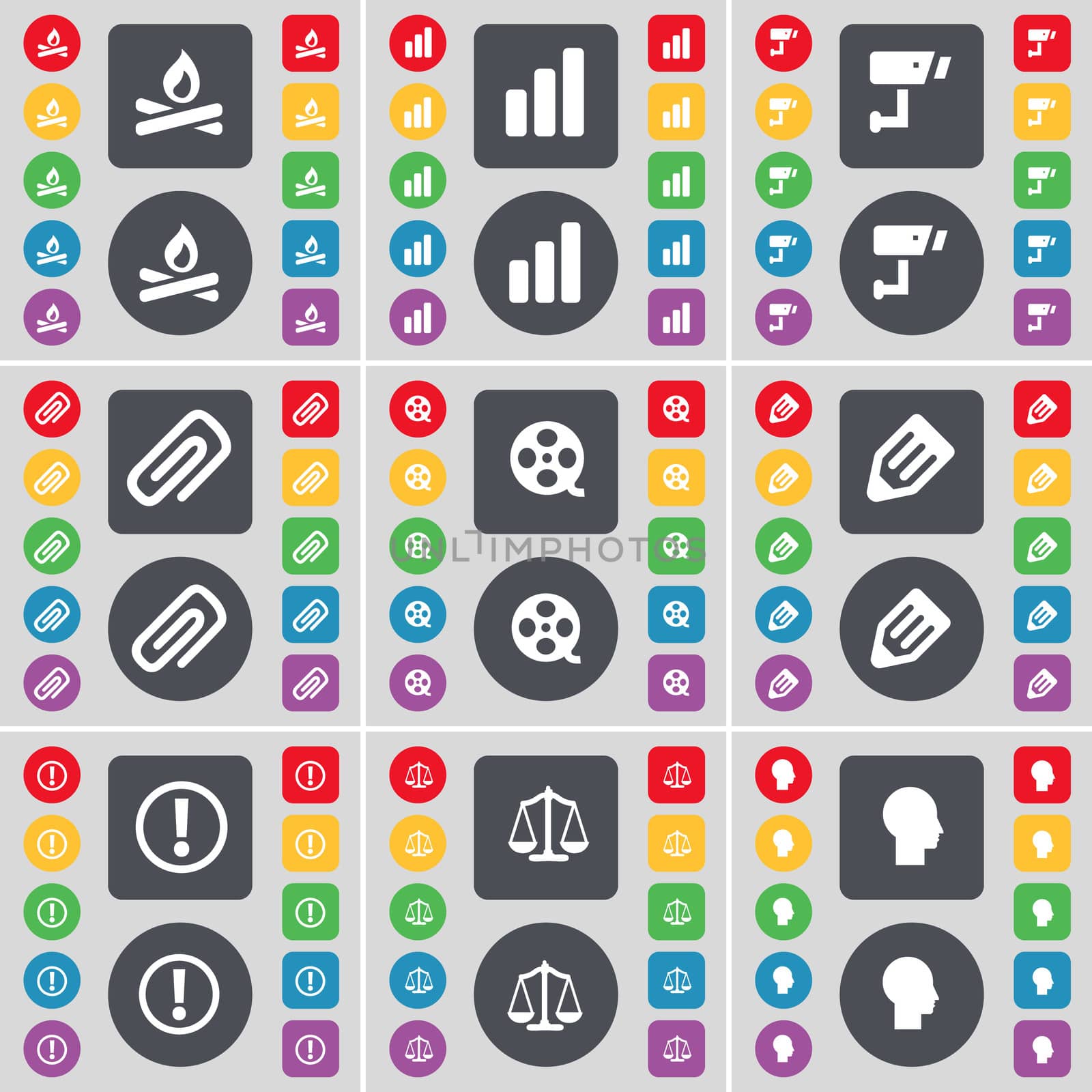 Campfire, Digaram, CCTV, Clip, Videotape, Pencil, Information, Scales, Silhouette icon symbol. A large set of flat, colored buttons for your design.  by serhii_lohvyniuk