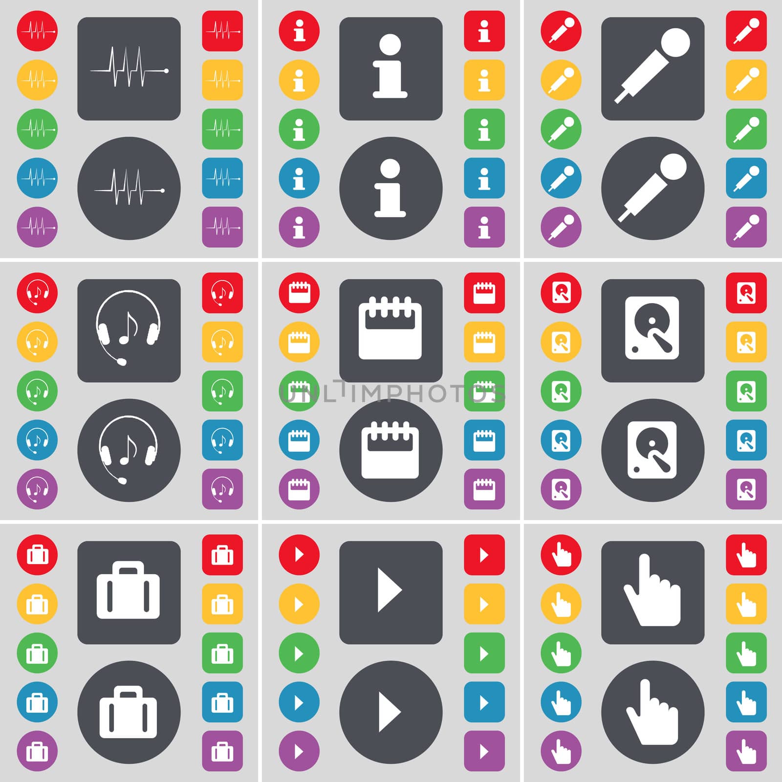 Pulse, Information, Microphone, Headphones, Calendar, Hard drive, Suitcase, Media play, Hand icon symbol. A large set of flat, colored buttons for your design. illustration