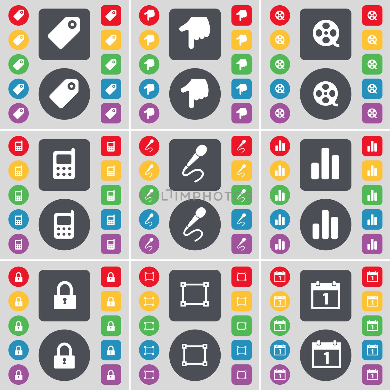 Tag, Hand, Videotape, Mobile phone, Microphone, Diagram, Lock, Frame, Calendar icon symbol. A large set of flat, colored buttons for your design. illustration