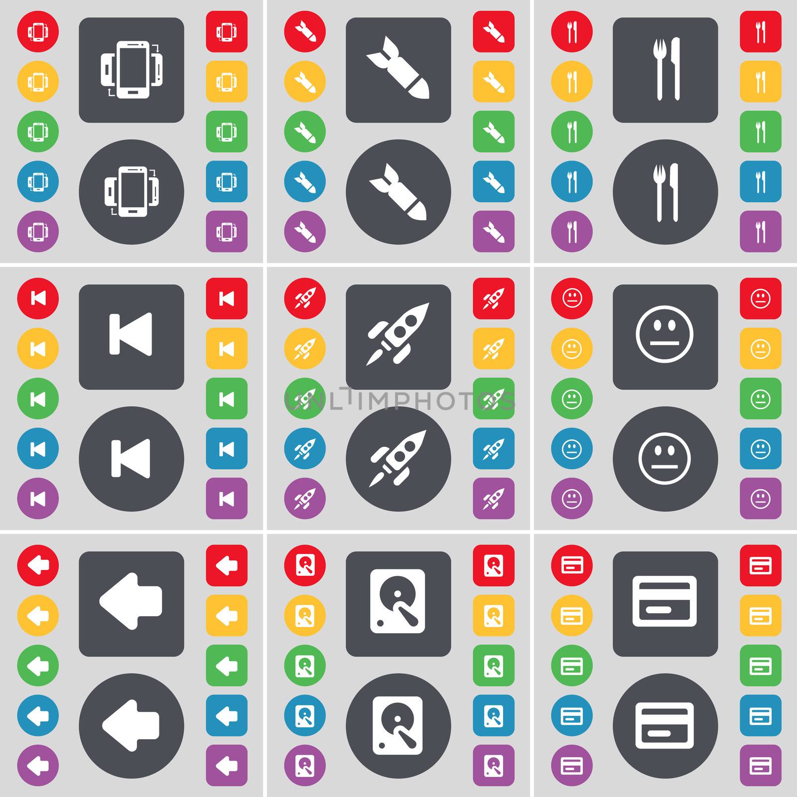 Smartphone, Rocket, Fork and knife, Media skip, Smile, Arrow left, Hard drive, Credit card icon symbol. A large set of flat, colored buttons for your design. illustration