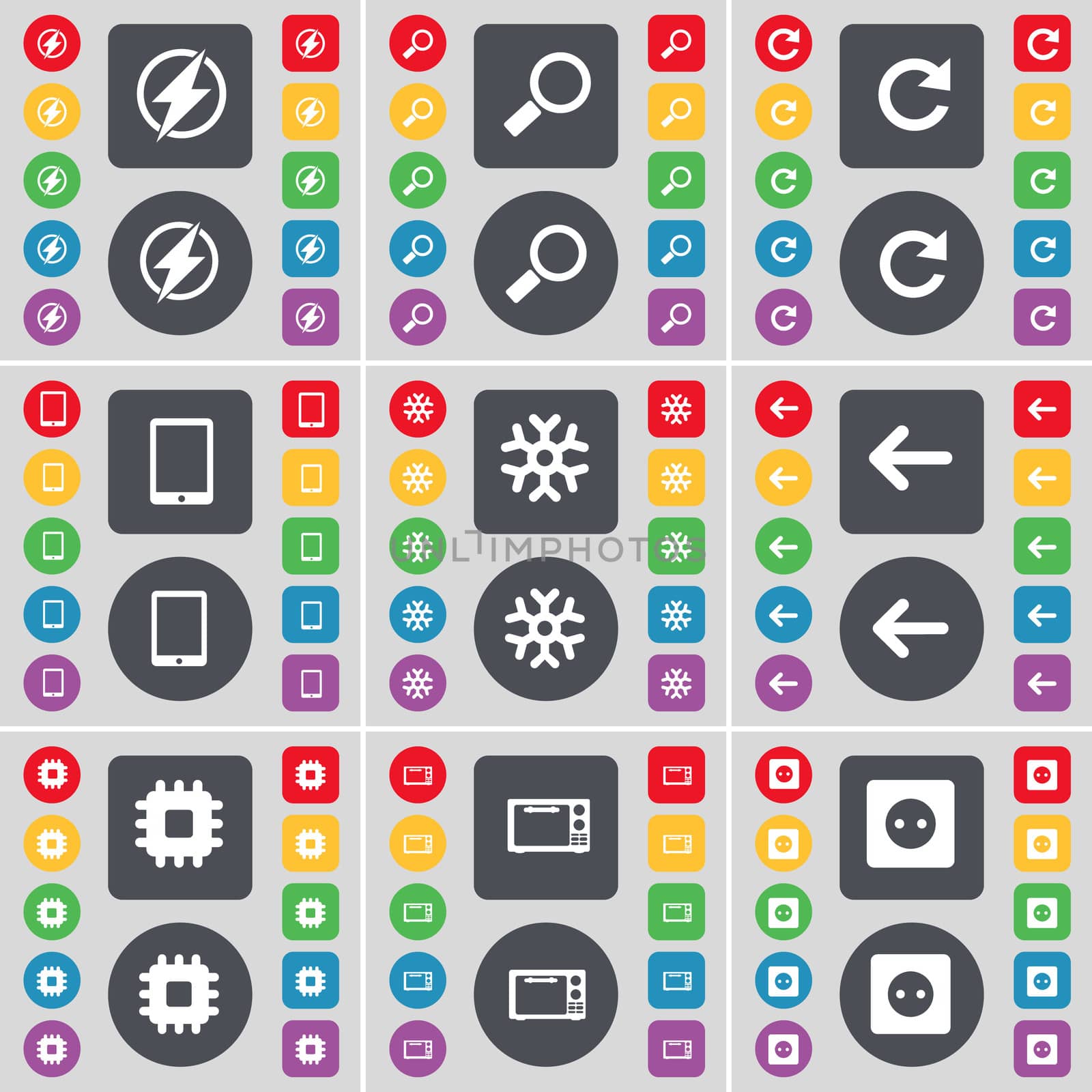 Flash, Magnifying glass, Reload, Tablet PC, Snowflake, Arrow left, Processor, Microwave, Socket icon symbol. A large set of flat, colored buttons for your design.  by serhii_lohvyniuk