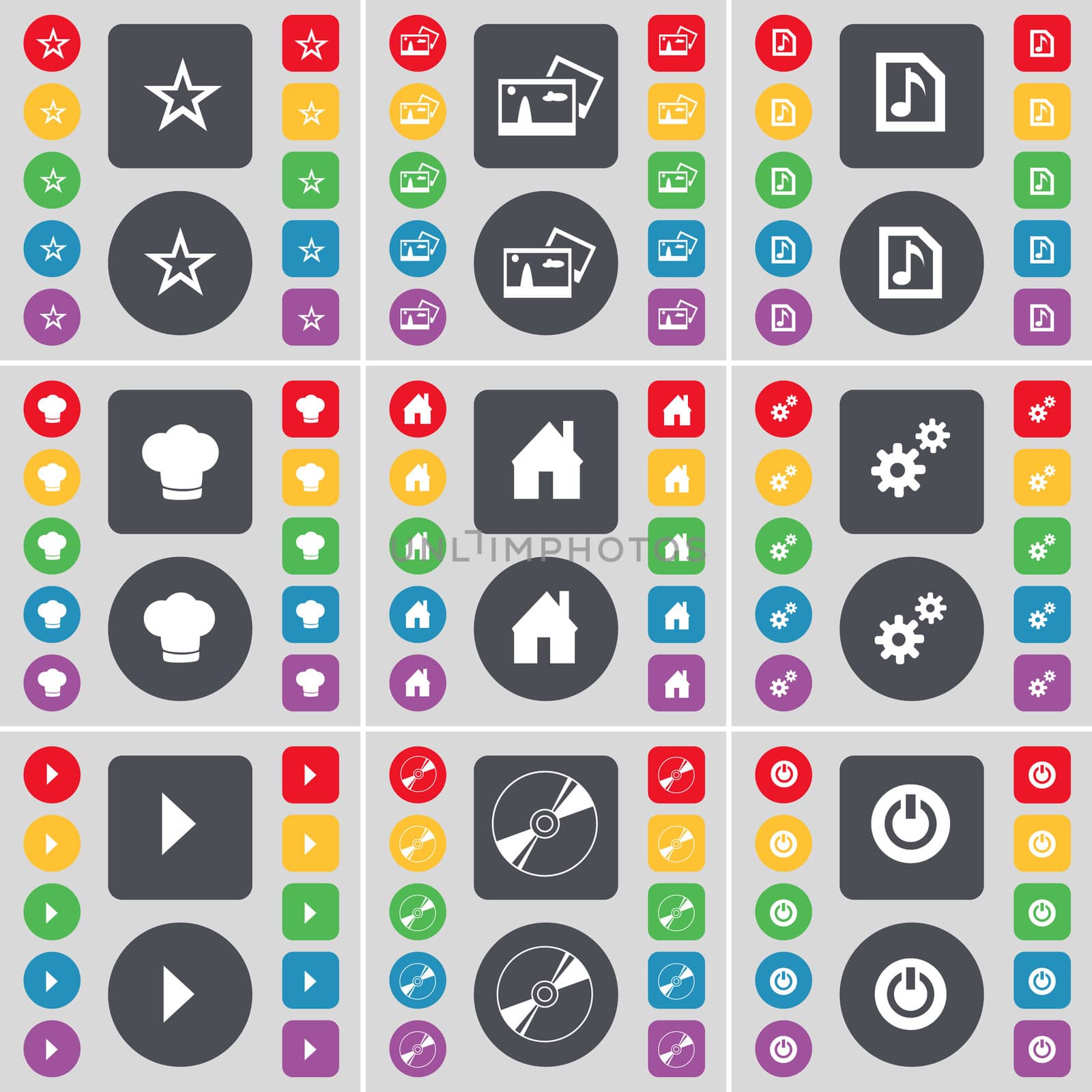 Star, Picture, Music file, Cooking hat, House, Gear, Media play, Disk, Power icon symbol. A large set of flat, colored buttons for your design. illustration