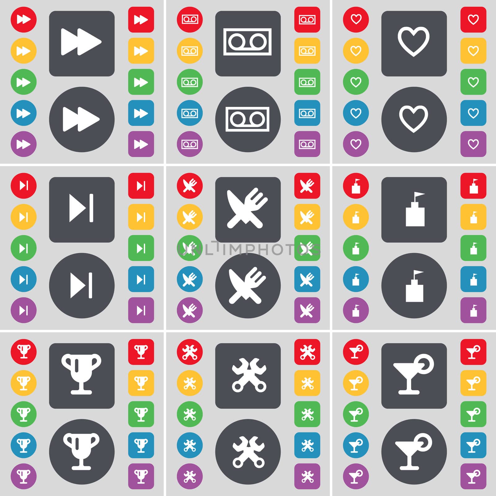 Rewind, Cassette, Heart, Media skip, Fork and knife, Flag tower, Cup, Wrench, Cocktail icon symbol. A large set of flat, colored buttons for your design.  by serhii_lohvyniuk