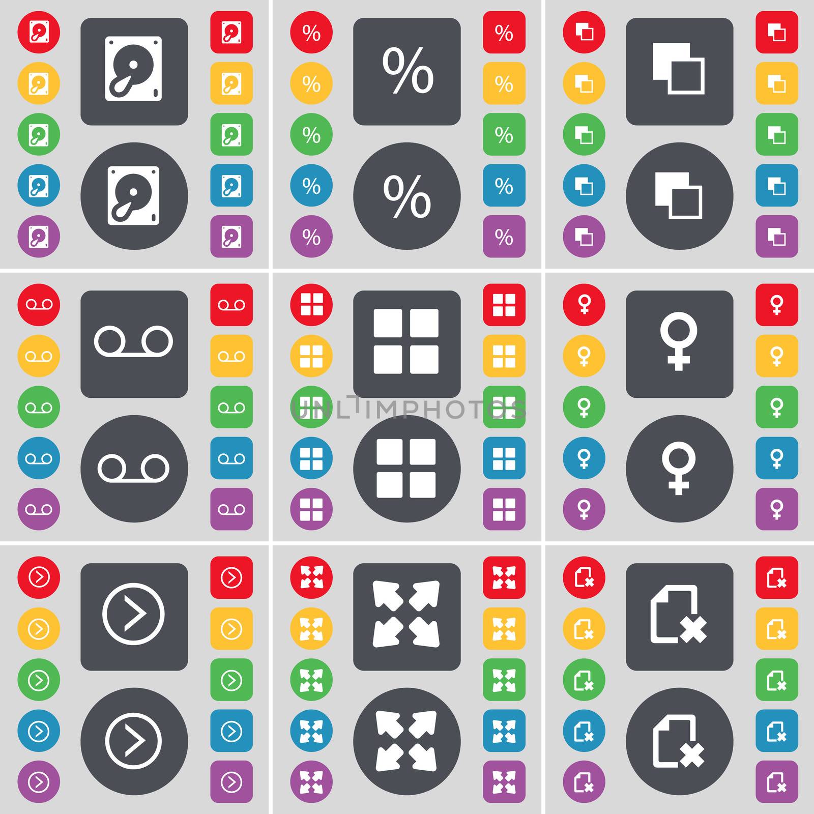 Hard drive, Percent, Copy, Cassette, Apps, Venus symbol, Arrow right, Full screen, File icon symbol. A large set of flat, colored buttons for your design.  by serhii_lohvyniuk