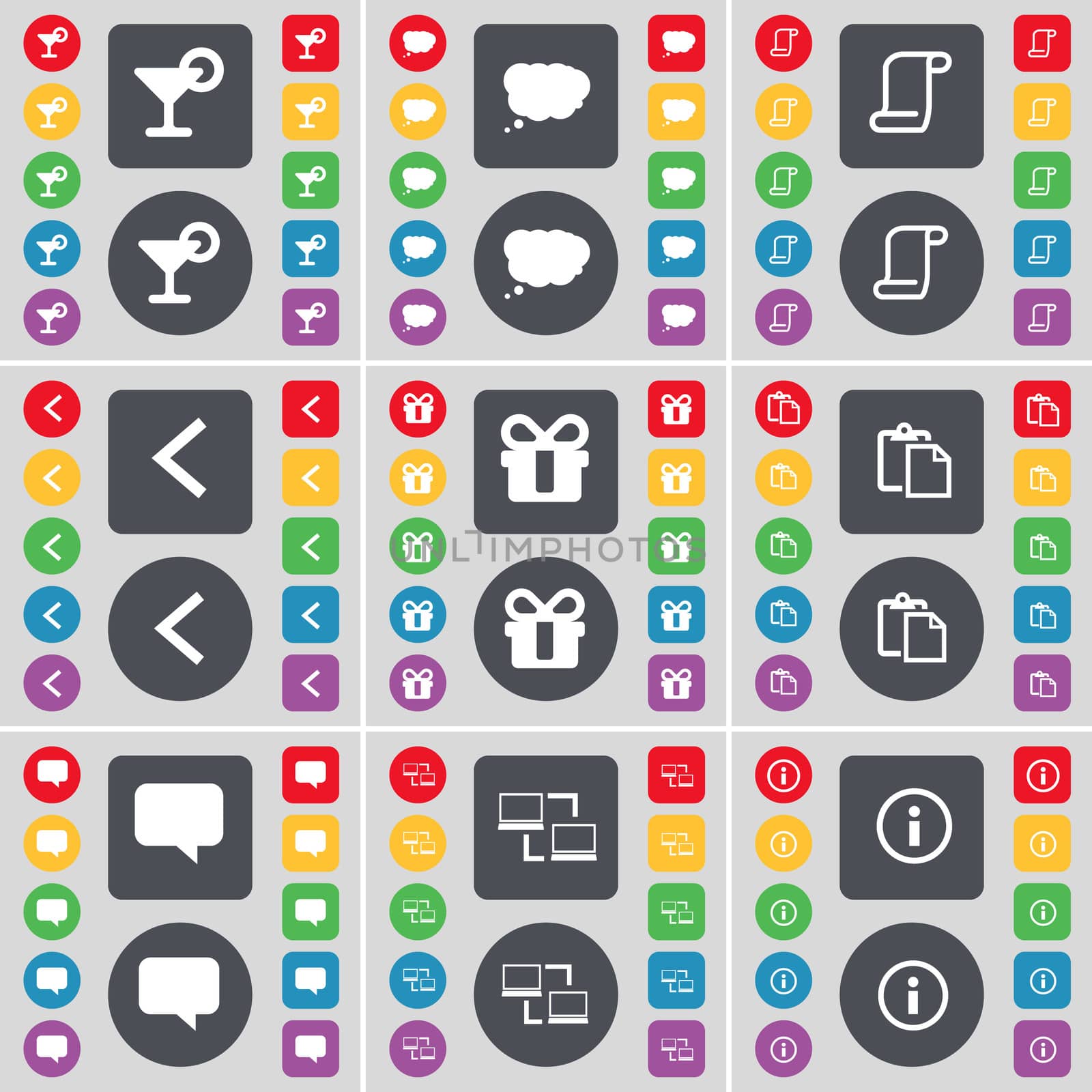 Cocktail, Chat cloud, Scroll, Arrow left, Gift, Survey, Chat bubble, Connection, Information icon symbol. A large set of flat, colored buttons for your design. illustration
