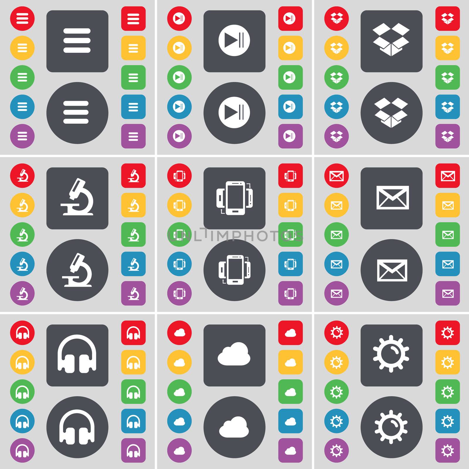 Apps, Media skip, Dropbox, Microscope, Smartphone, Message, Headphones, Cloud, Gear icon symbol. A large set of flat, colored buttons for your design. illustration