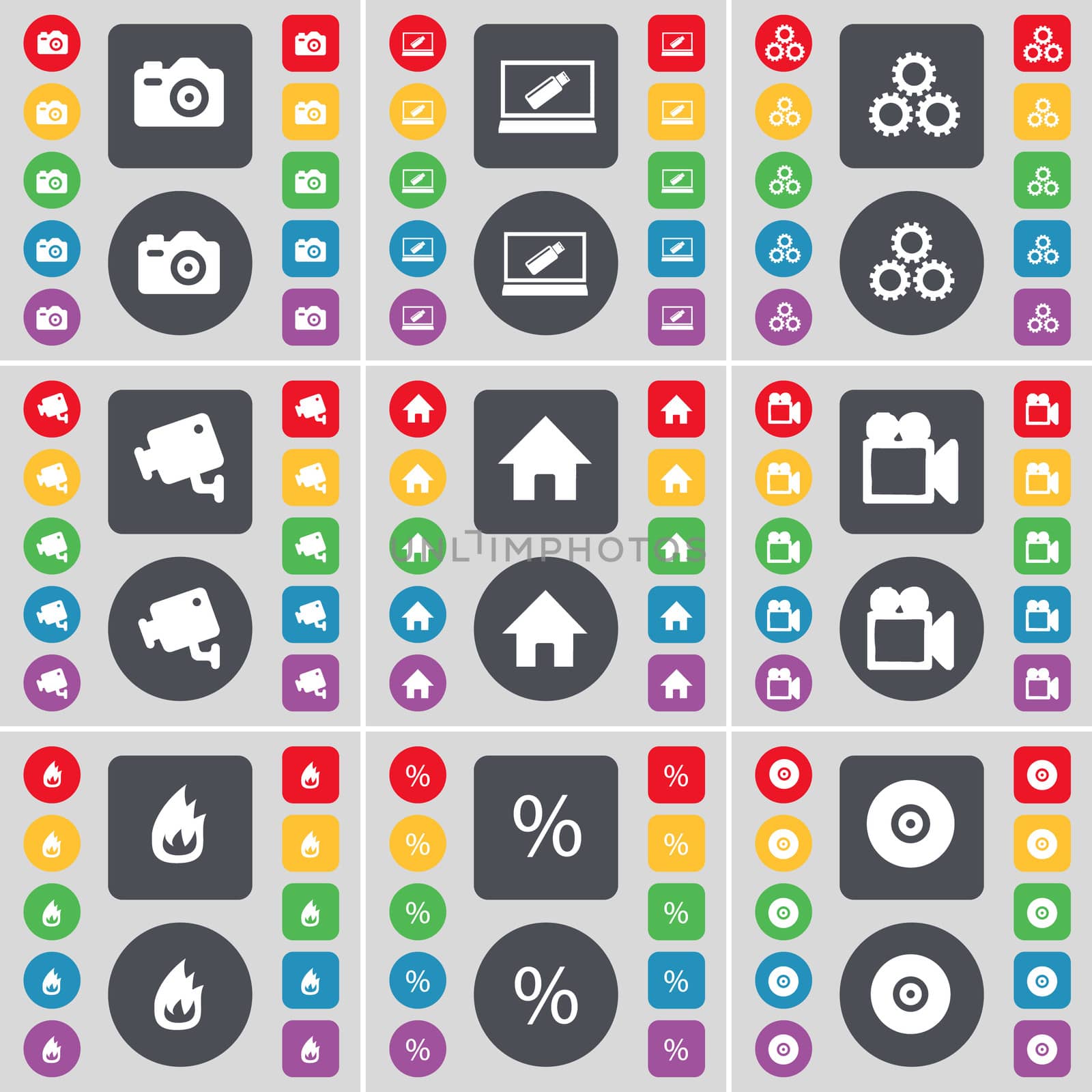 Camera, Laptop, Gear, CCTV, House, Film camera, Fire, Percent, Disk icon symbol. A large set of flat, colored buttons for your design.  by serhii_lohvyniuk