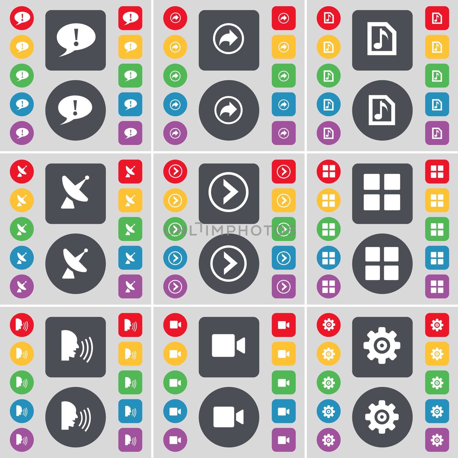 Chat bubble, Back, Music file, Satellite dish, Arrow right, Apps, Talk, Film camera, Gear icon symbol. A large set of flat, colored buttons for your design.  by serhii_lohvyniuk