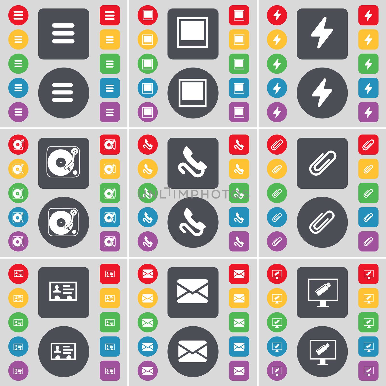 Apps, Window, Flash, Gramophone, Receiver, Clip, Contact, Message, Monitor icon symbol. A large set of flat, colored buttons for your design.  by serhii_lohvyniuk