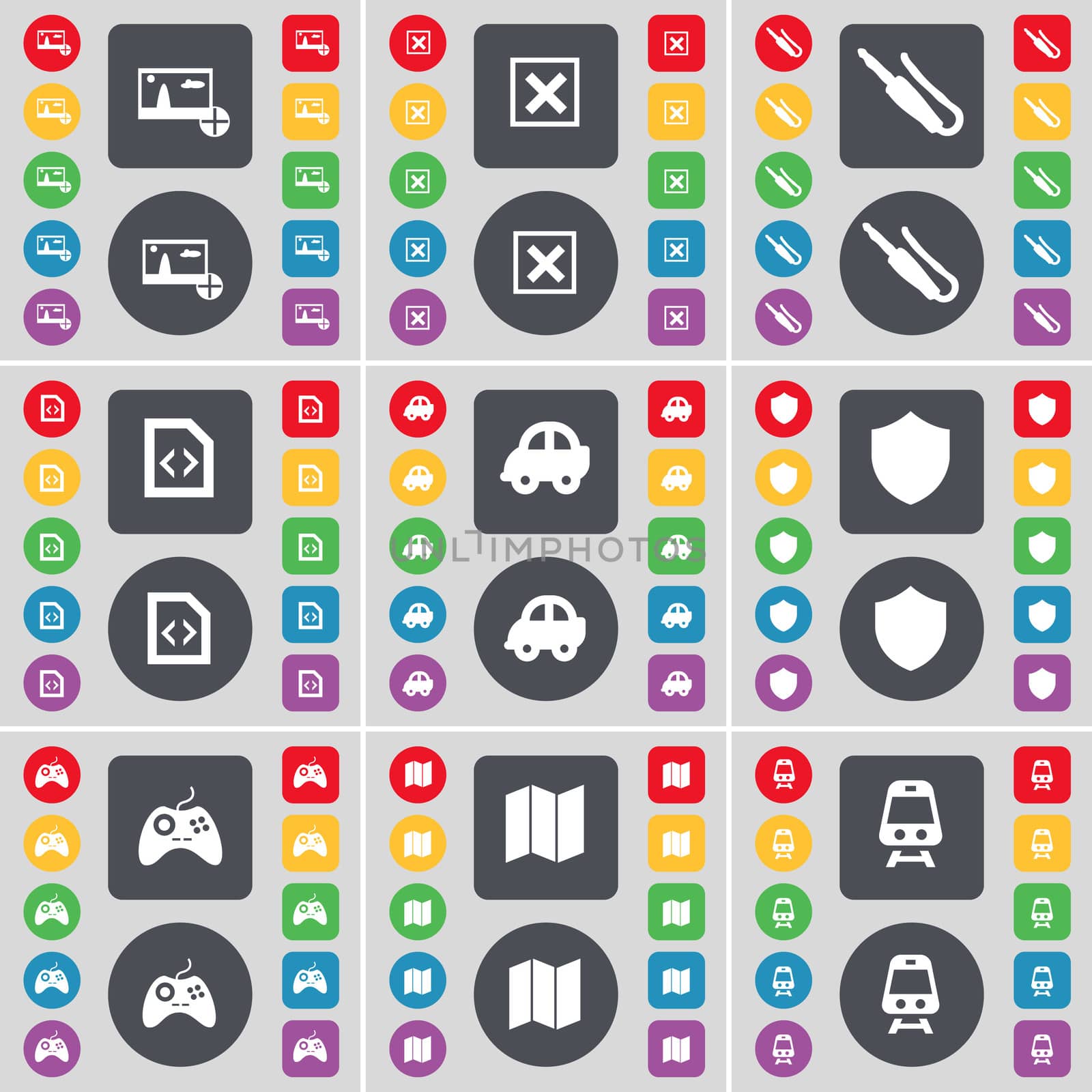 Picture, Stop, Microphone connector, File, Car, Badge, Gamepad, Map, Train icon symbol. A large set of flat, colored buttons for your design. illustration