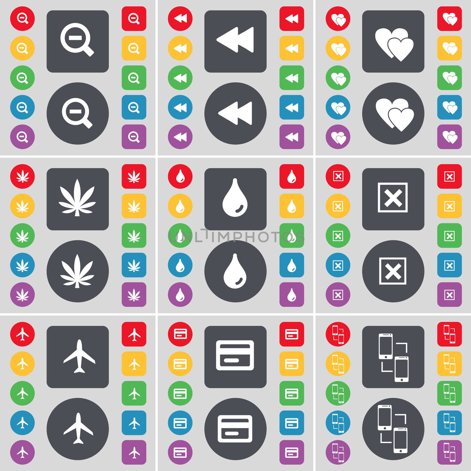 Magnifying glass, Rewind, Heart, Marijuana, Drop, Stop, Airplane, Credit card, Connection icon symbol. A large set of flat, colored buttons for your design. illustration
