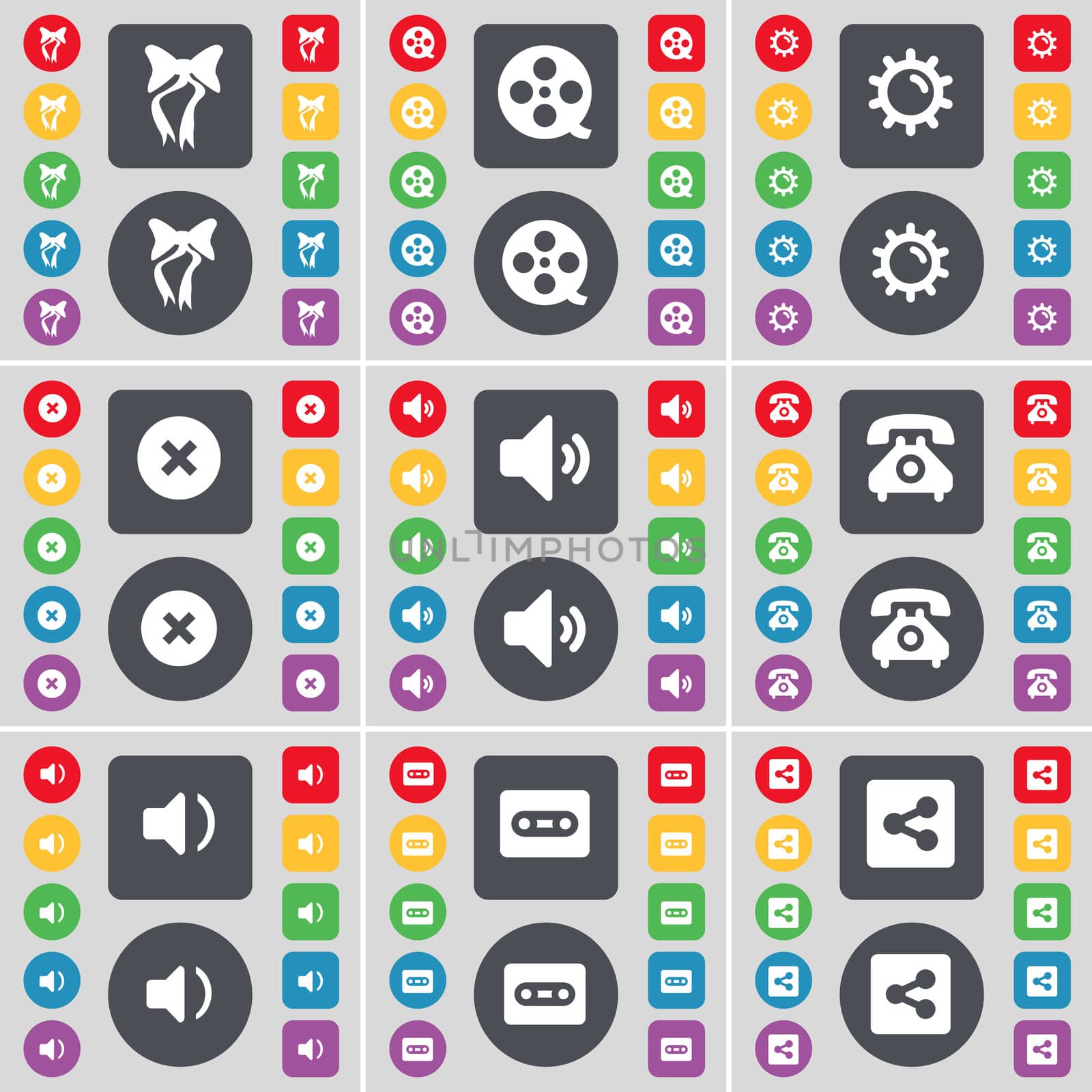 Bow, Videotape, Gear, Stop, Sound, Retro phone, Sound, Cassette, Share icon symbol. A large set of flat, colored buttons for your design. illustration