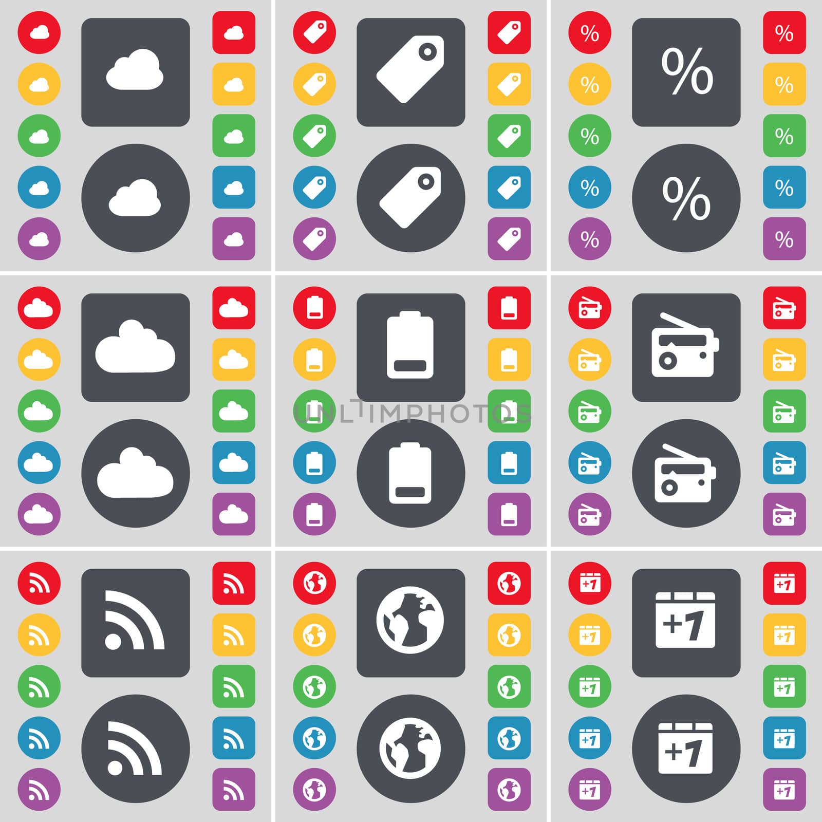 Cloud, Tag, Percent, Battery, Radio, RSS, Earth, Plus one icon symbol. A large set of flat, colored buttons for your design. illustration