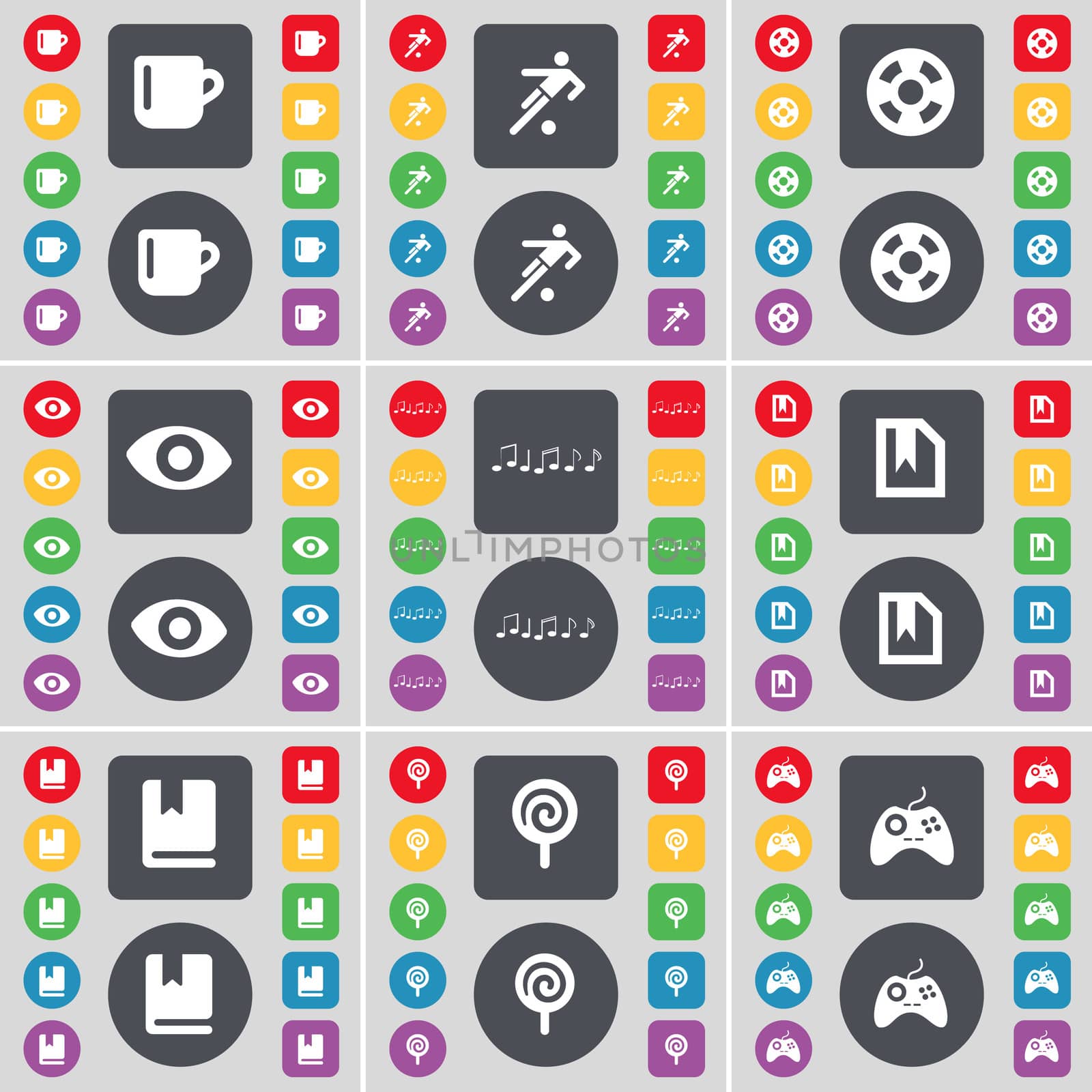 Cup, Silhouette, Videotape, Vision, Note, File, Dictionary, Lollipop, Gamepad icon symbol. A large set of flat, colored buttons for your design. illustration