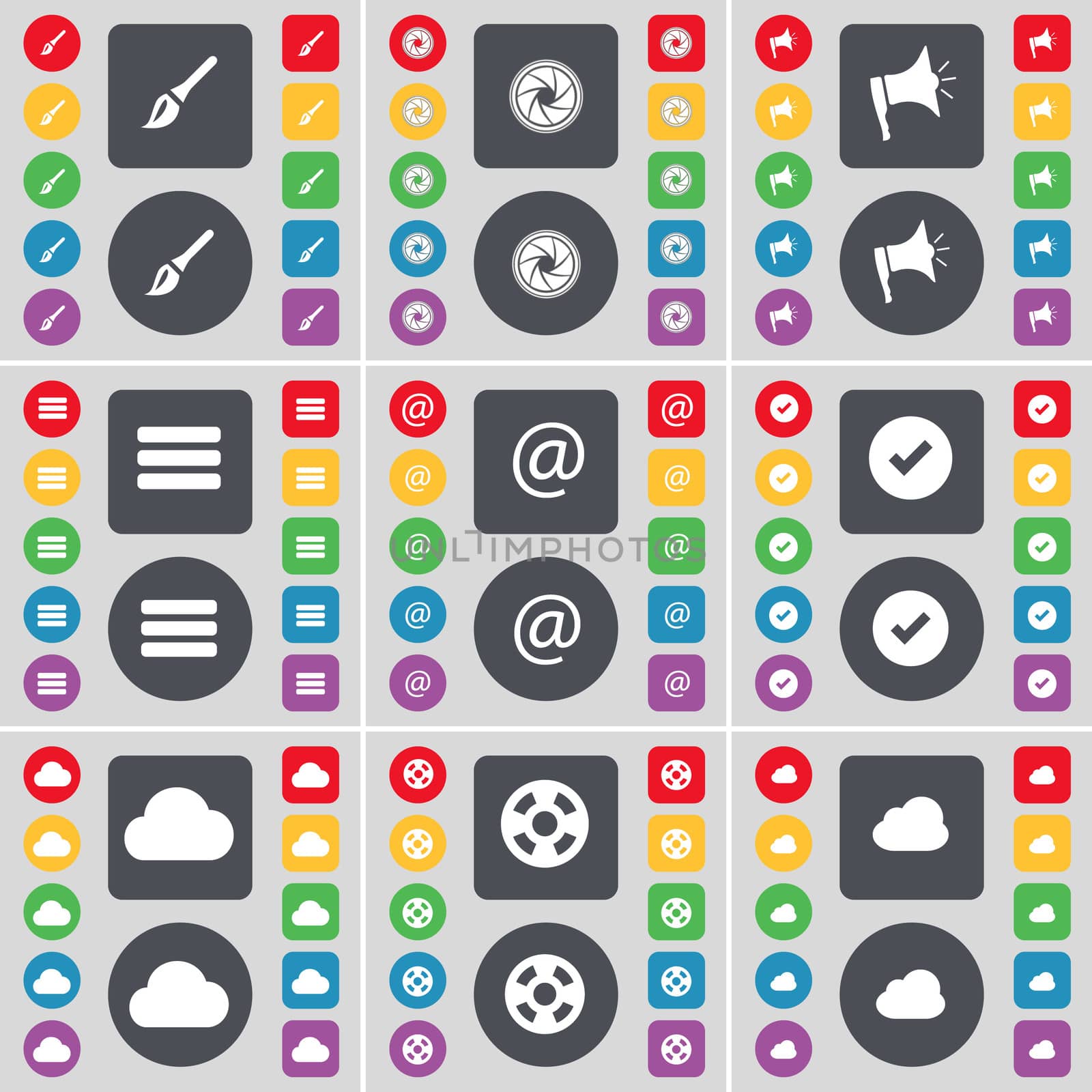 Brush, Lens, Megaphone, Apps, Mail, Tick, Cloud, Videotape icon symbol. A large set of flat, colored buttons for your design. illustration