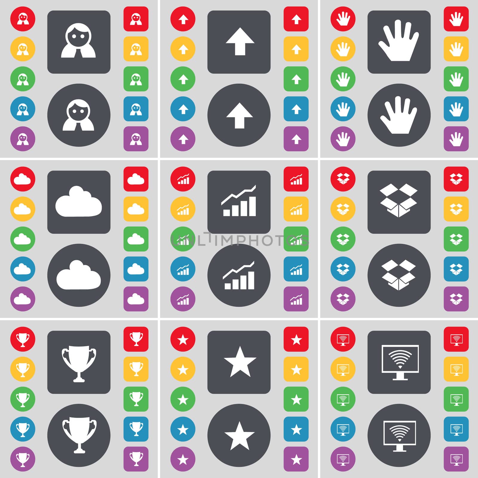 Avatar, Arrow up, Hand, Cloud, Graph, Dropbox, Cup, Star, Monitor icon symbol. A large set of flat, colored buttons for your design.  by serhii_lohvyniuk