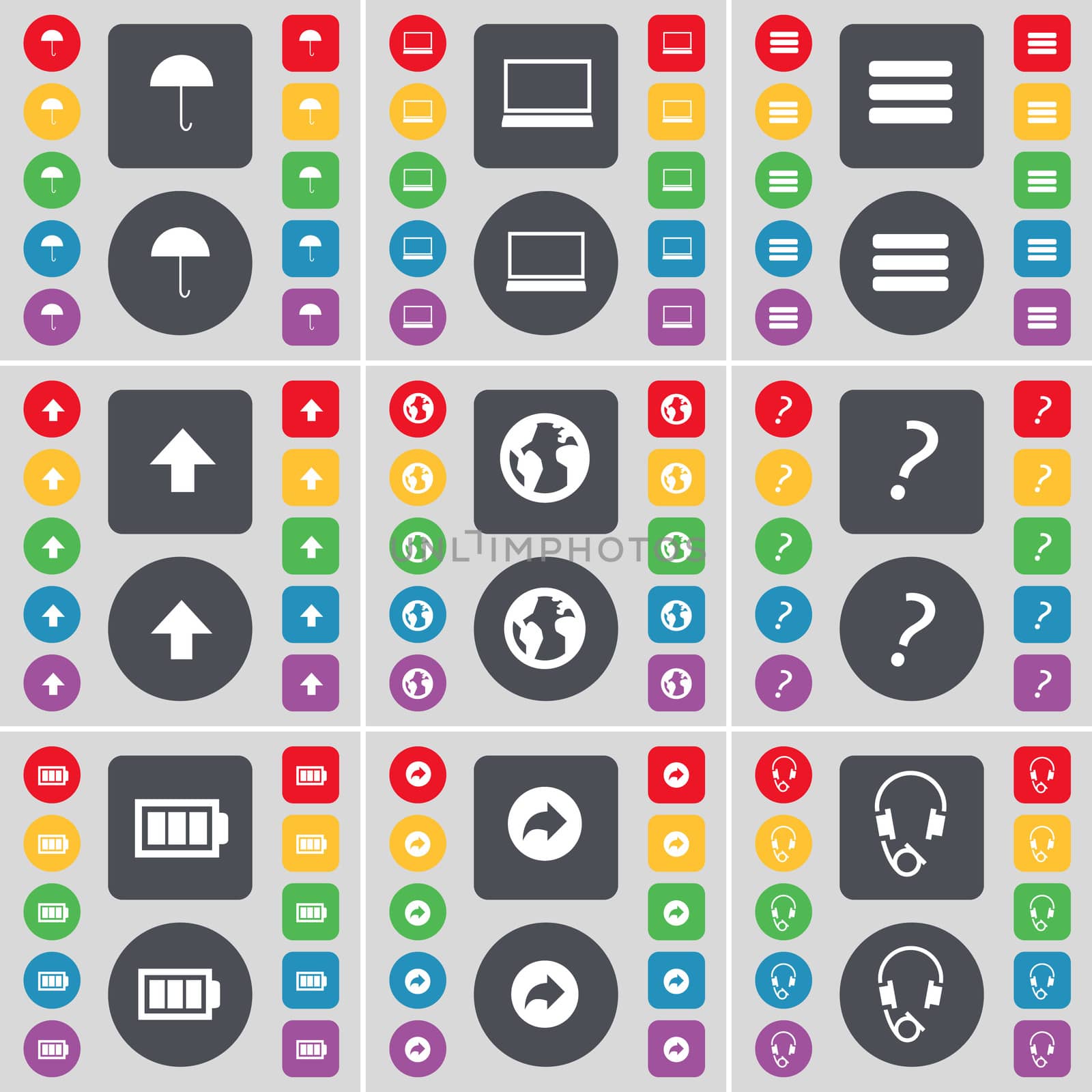 Umbrella, Laptop, Apps, Arrow up, Earth, Question mark, Battery, Back, Headphones icon symbol. A large set of flat, colored buttons for your design. illustration