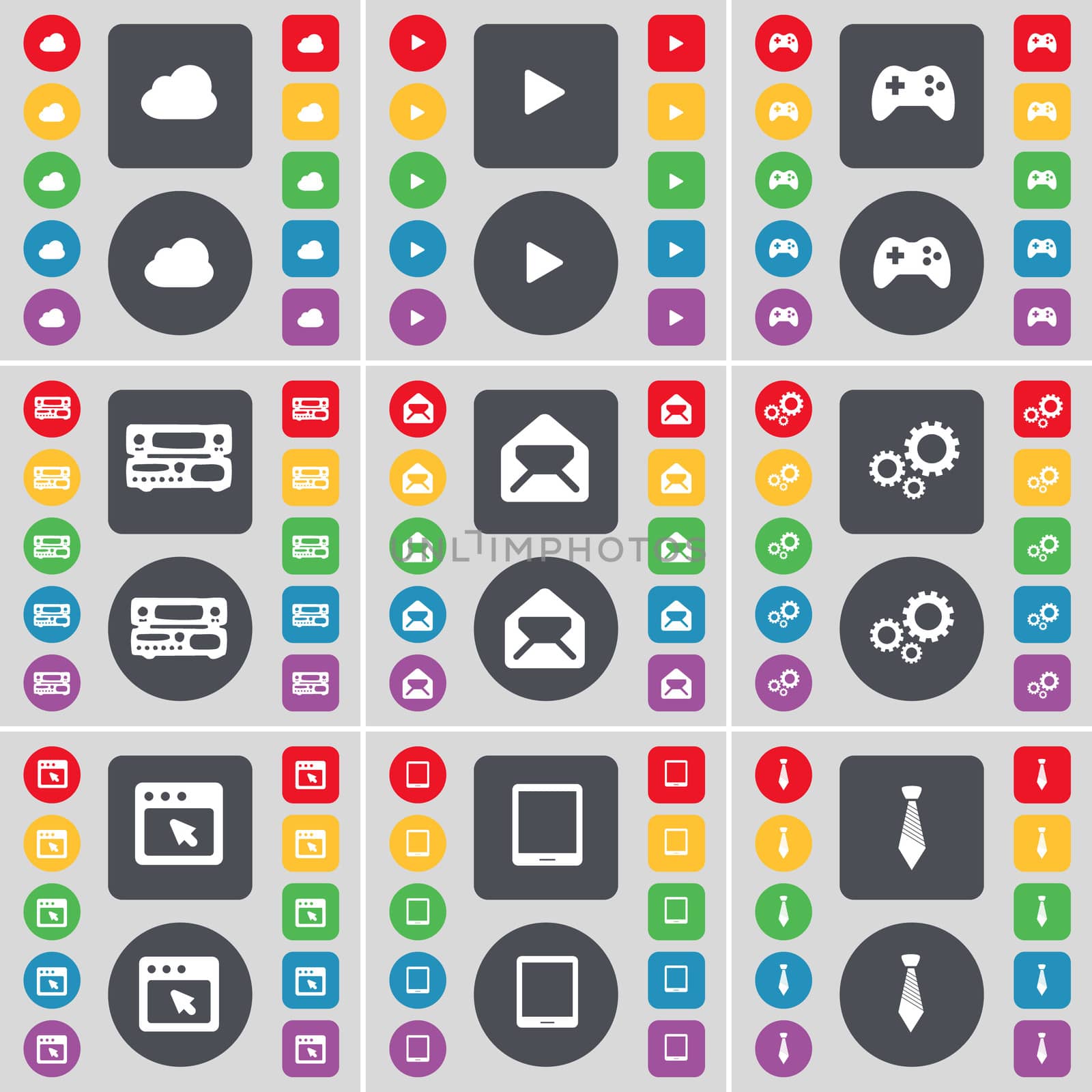 Cloud, Media play, Gamepad, Record-player, Message, Gear, Window, Tablet PC, Tie icon symbol. A large set of flat, colored buttons for your design.  by serhii_lohvyniuk