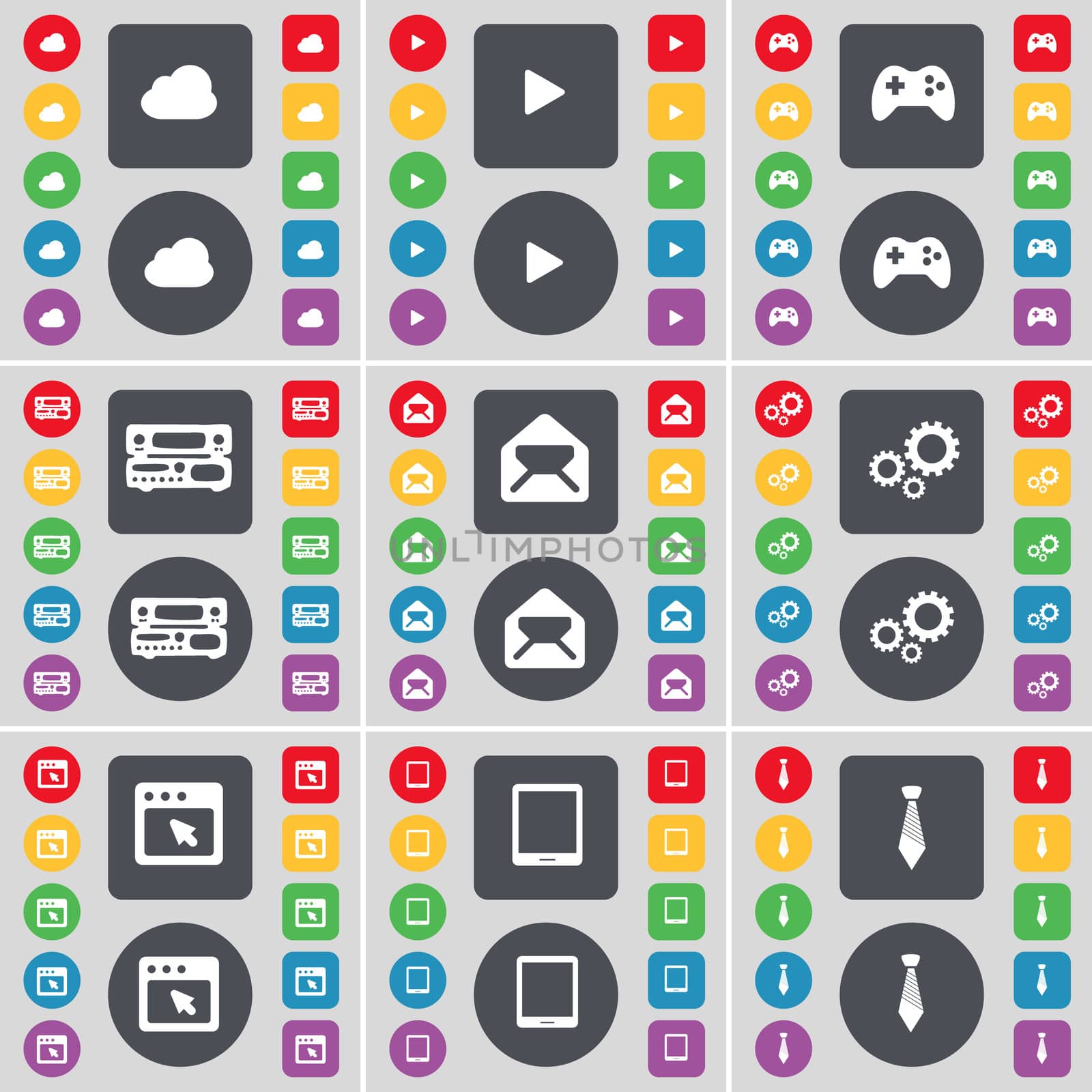 Cloud, Media play, Gamepad, Record-player, Message, Gear, Window, Tablet PC, Tie icon symbol. A large set of flat, colored buttons for your design. illustration