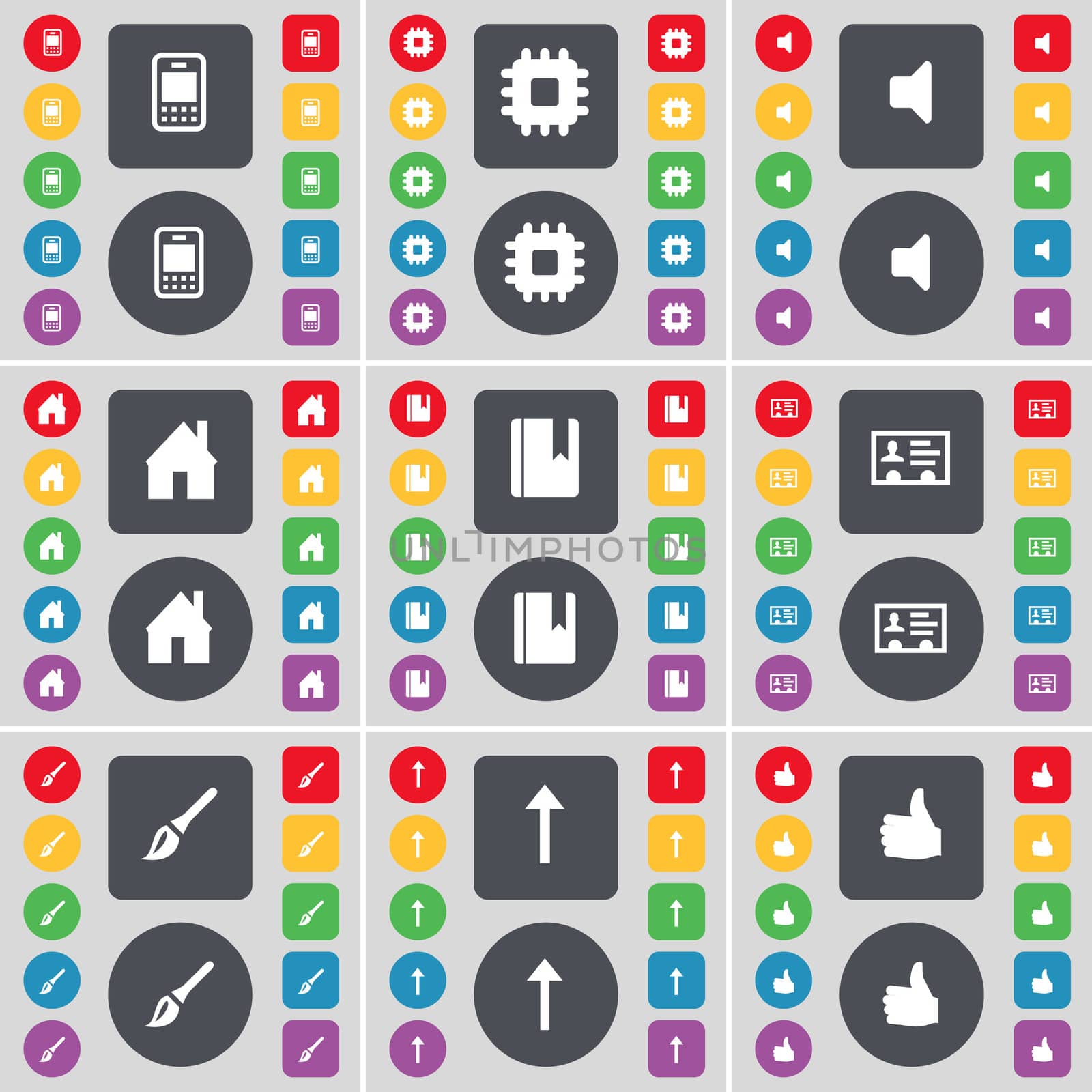 Mobile phone, Processor, Sound, House, Dictionary, Contact, Brush, Arrow up, Like icon symbol. A large set of flat, colored buttons for your design.  by serhii_lohvyniuk
