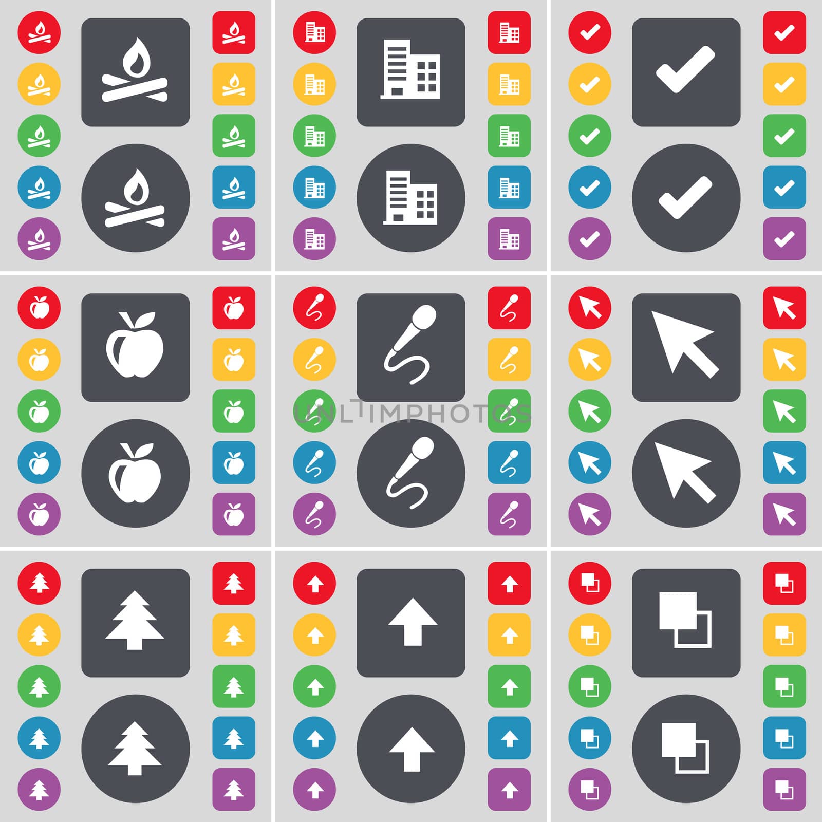 Campfire, Building, Tick, Apple, Microphone, Cursor, Firtree, Arrow up, Copy icon symbol. A large set of flat, colored buttons for your design. illustration