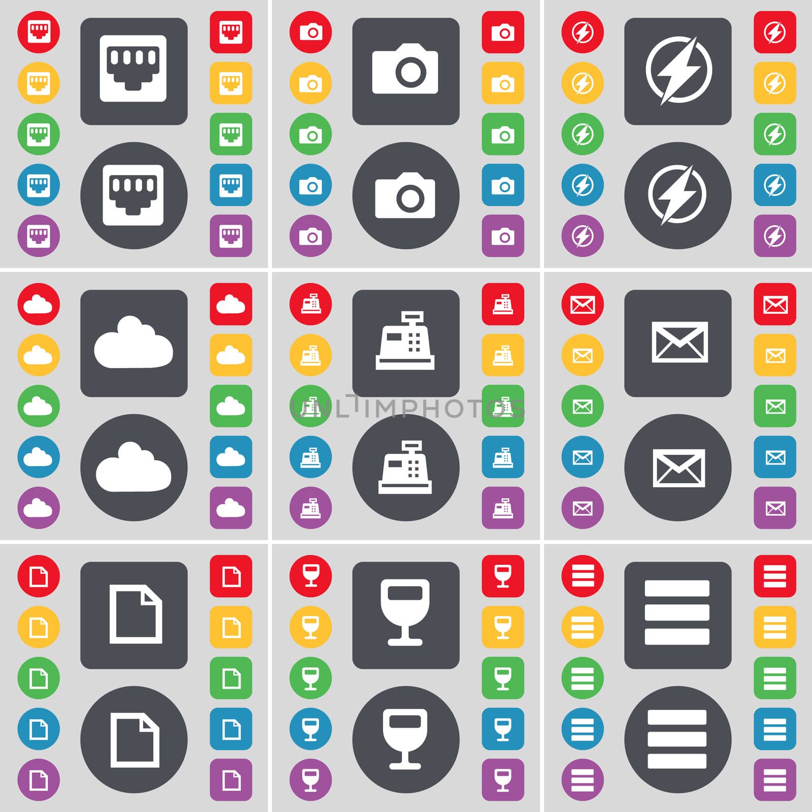 LAN socket, Camera, Flash, Cloud, Cash register, Message, Fire, Wineglass, Apps icon symbol. A large set of flat, colored buttons for your design. illustration
