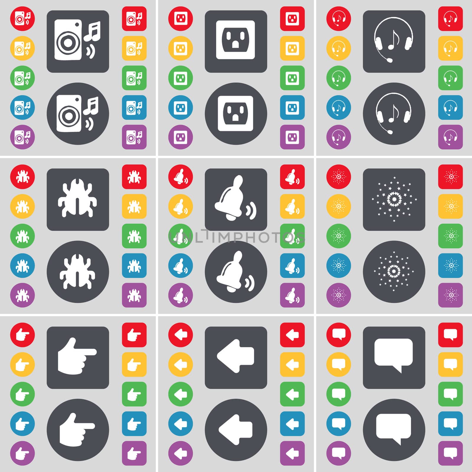 Speaker, Socket, Headphones, Bug, Bell, Star, Hand, Arrow left, Chat bubble icon symbol. A large set of flat, colored buttons for your design.  by serhii_lohvyniuk