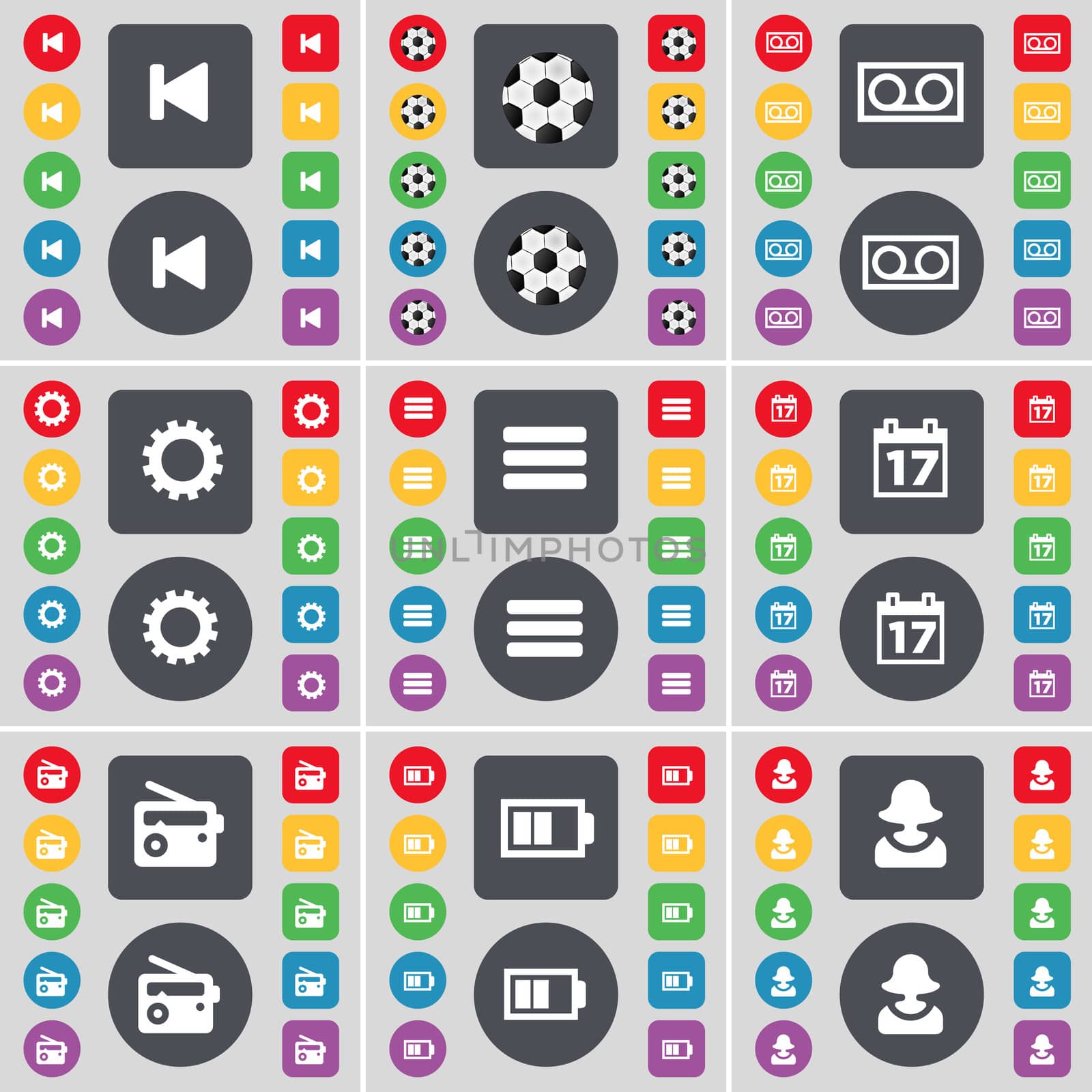 Media skip, Ball, Cassette, Gear, Apps, Calendar, Radio, Battery, Avatar icon symbol. A large set of flat, colored buttons for your design. illustration