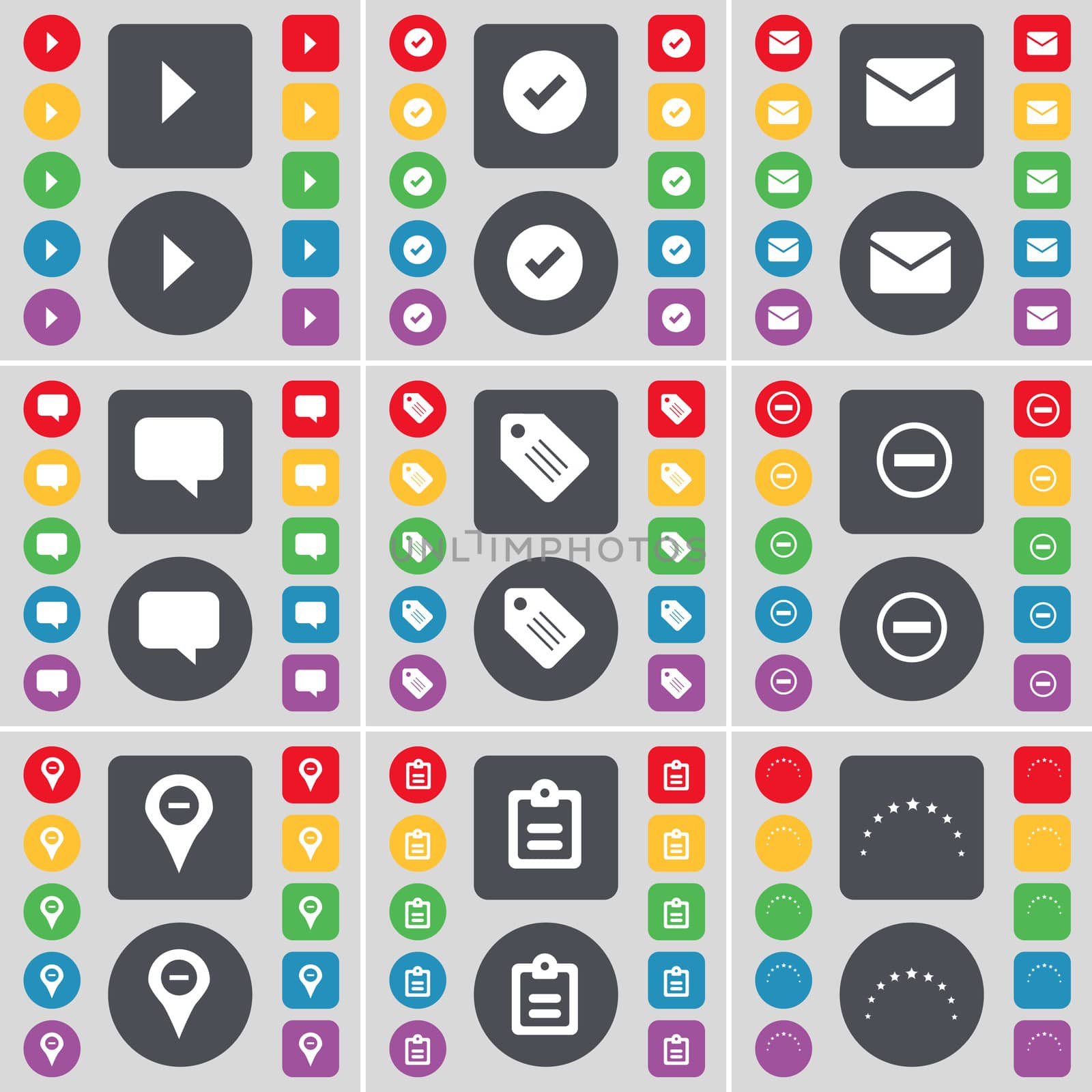 Media play, Tick, Message, Chat bubble, Tag, Minus, Checkpoint, Survey, Stars icon symbol. A large set of flat, colored buttons for your design.  by serhii_lohvyniuk