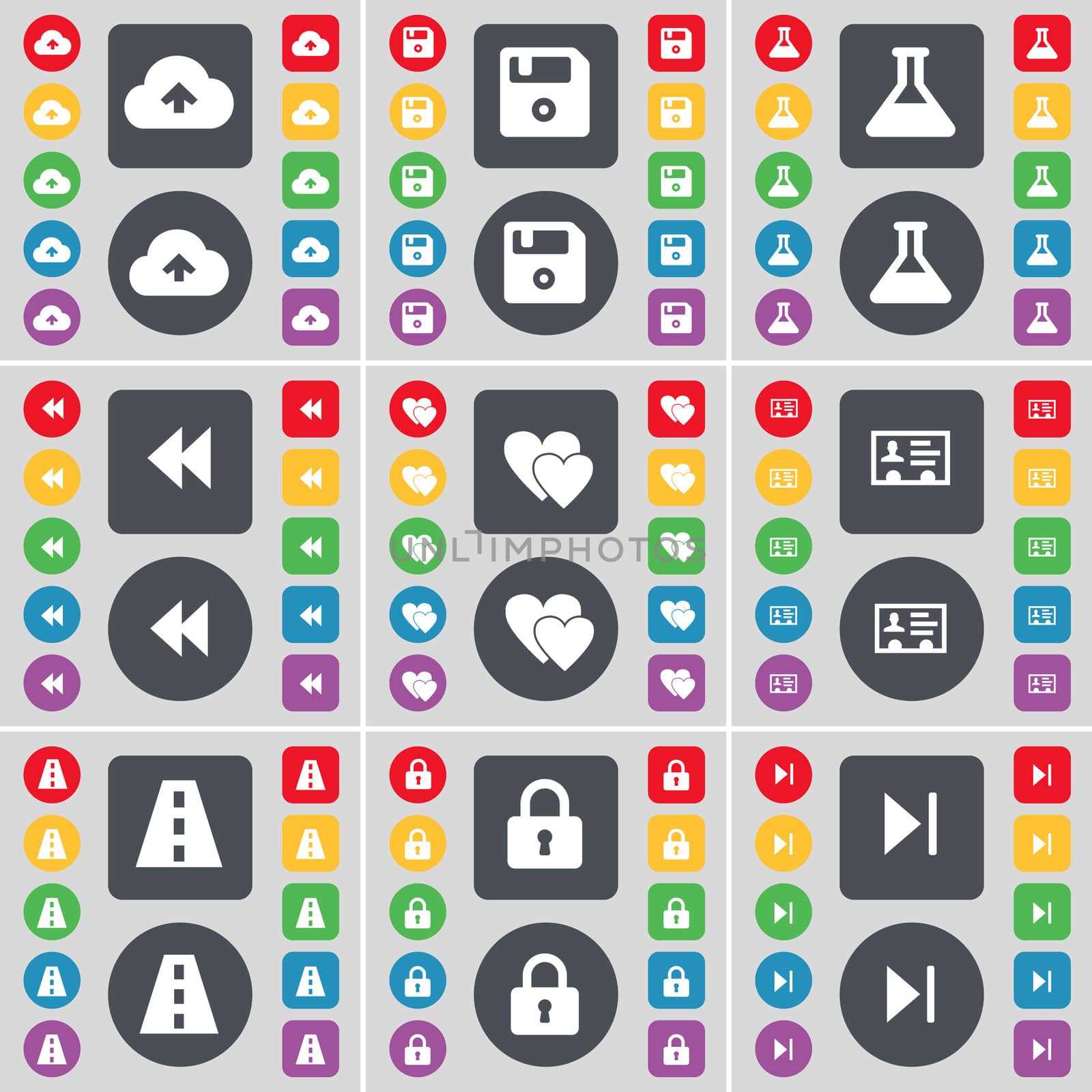 Cloud, Floppy, Flask, Rewind, Heart, Contact, Road, Lock, Media skip icon symbol. A large set of flat, colored buttons for your design.  by serhii_lohvyniuk