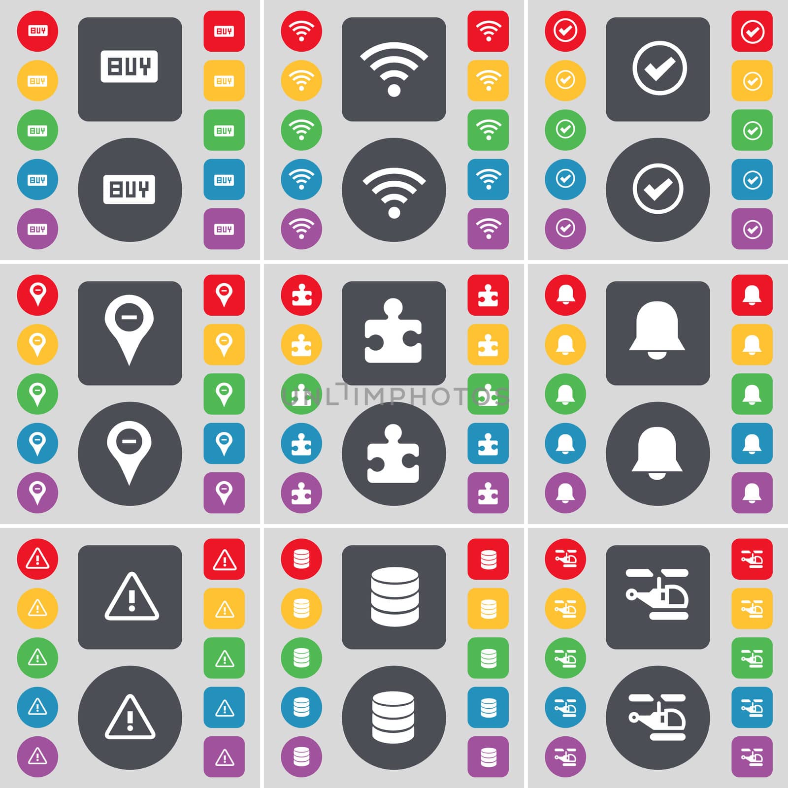 Buy, Wi-Fi, Tick, Checkpoint, Puzzle part, Notification mark, Warning, Database, Helicopter icon symbol. A large set of flat, colored buttons for your design. illustration