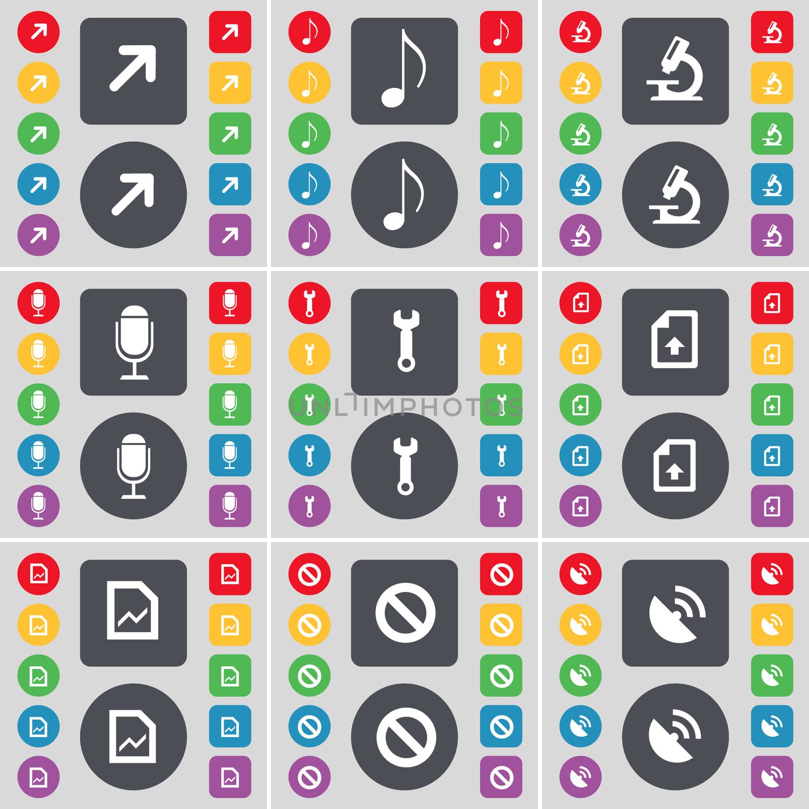 Full screen, Note, Microscope, Microphone, Wrench, Upload file, Graph file, Stop, Satellite dish icon symbol. A large set of flat, colored buttons for your design. illustration
