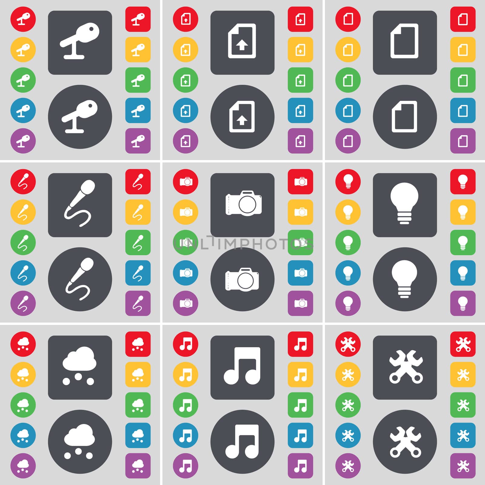 Microphone, Upload file, Microphone, Camera, Light bulb, Cloud, Note, Wrench icon symbol. A large set of flat, colored buttons for your design. illustration