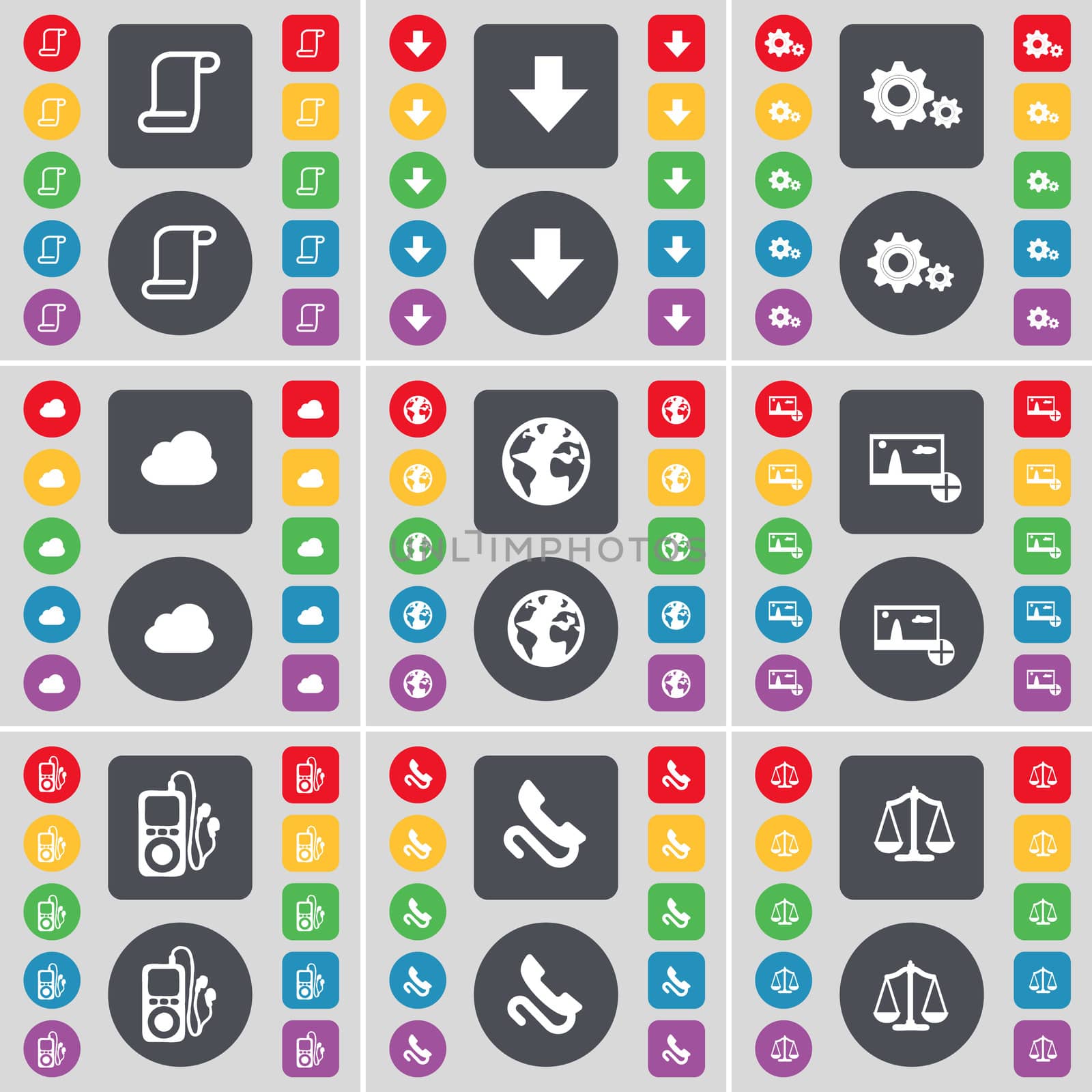 Scroll, Arrow down, Gear, Cloud, Earth, Picture, MP3 player, Receiver, Scales icon symbol. A large set of flat, colored buttons for your design.  by serhii_lohvyniuk