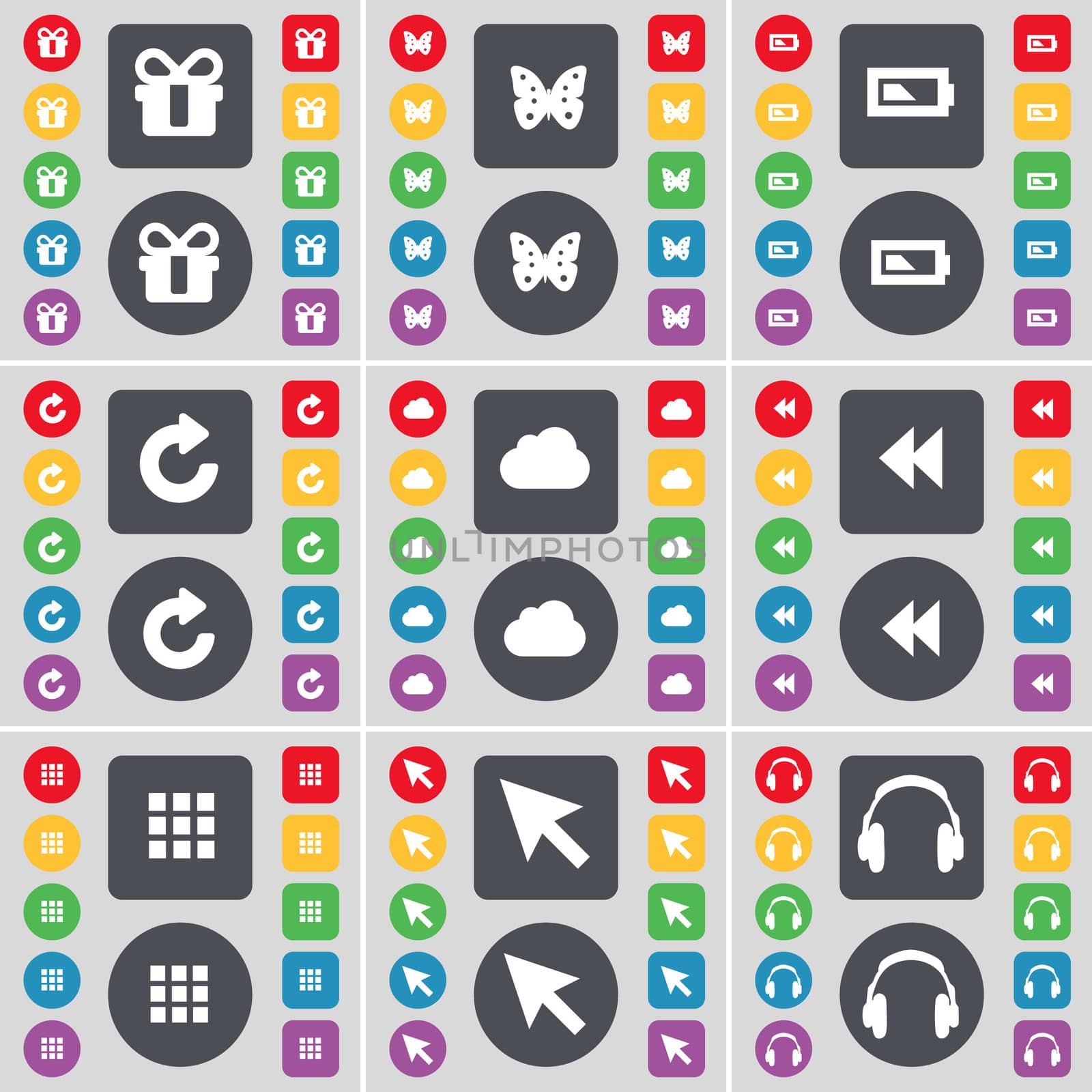Gift, Butterfly, Battery, Reload, Cloud, Rewind, Apps, Cursor, Headphones icon symbol. A large set of flat, colored buttons for your design. illustration