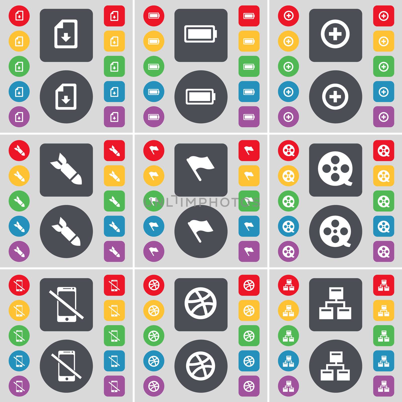Download file, Battery, Plus, Rocket, Flag, Videotape, Smartphone, Ball, Network icon symbol. A large set of flat, colored buttons for your design. illustration