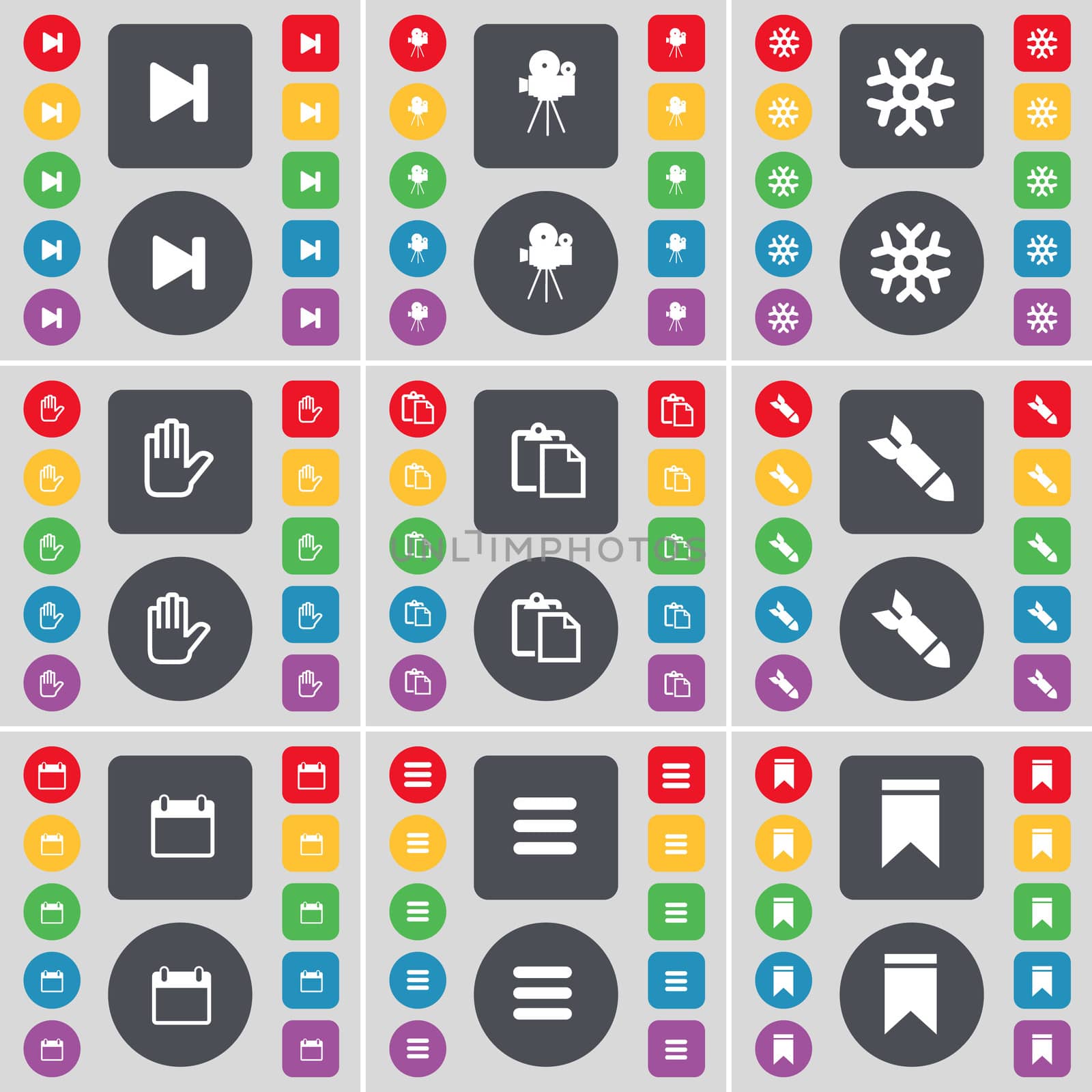 Media skip, Film camera, Snowflake, Hand, Survey, Rocket, Calendar, Apps, Marker icon symbol. A large set of flat, colored buttons for your design. illustration