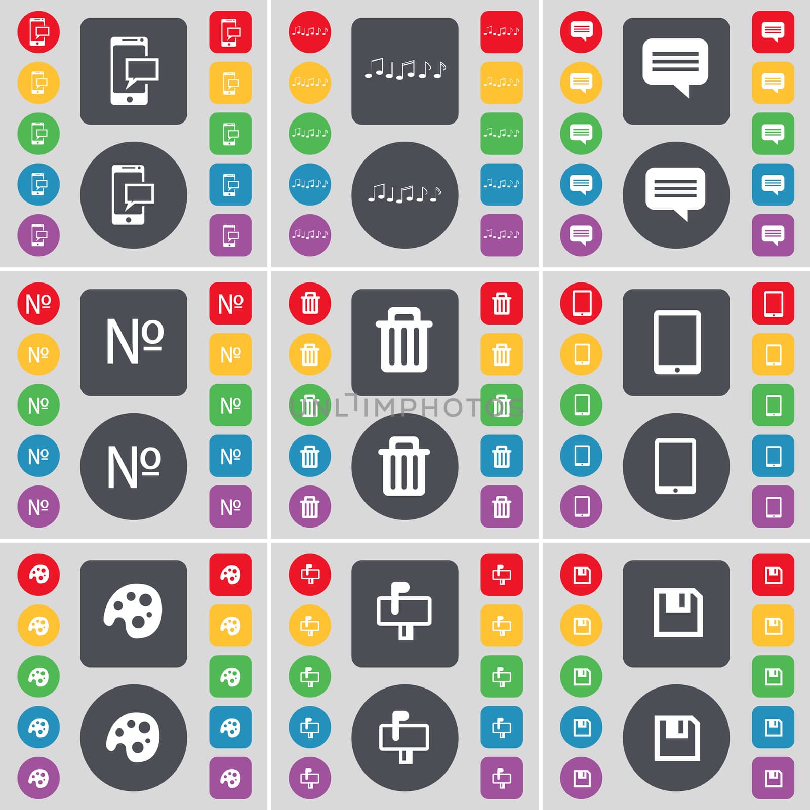 SMS, Note, Chat bubble, Number, Trash can, Tablet PC, Palette, Mailbox, Floppy icon symbol. A large set of flat, colored buttons for your design. illustration