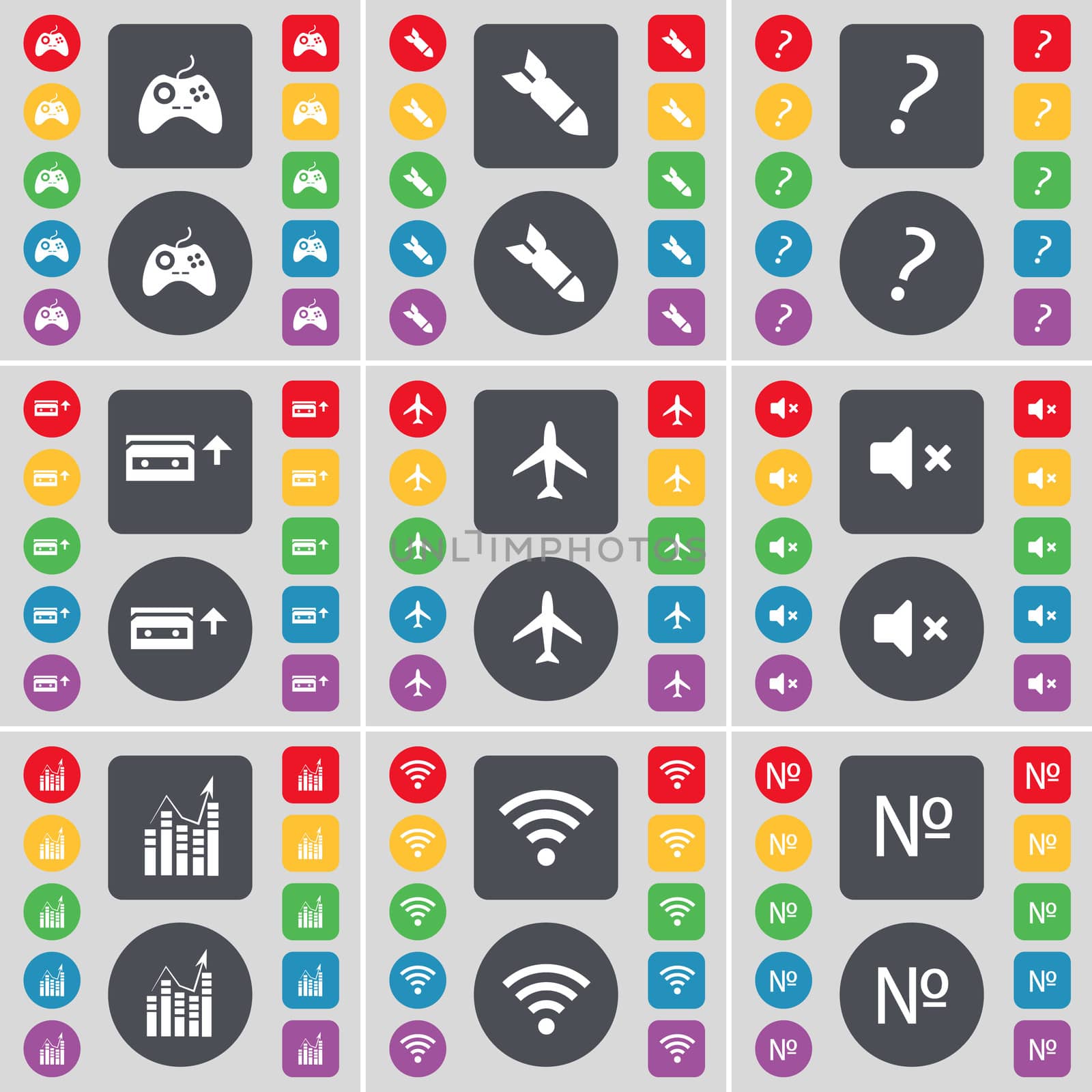Gamepad, Rocket, Question mark, Cassette, Airplane, Mute, Graph, Wi-Fi, Number icon symbol. A large set of flat, colored buttons for your design.  by serhii_lohvyniuk