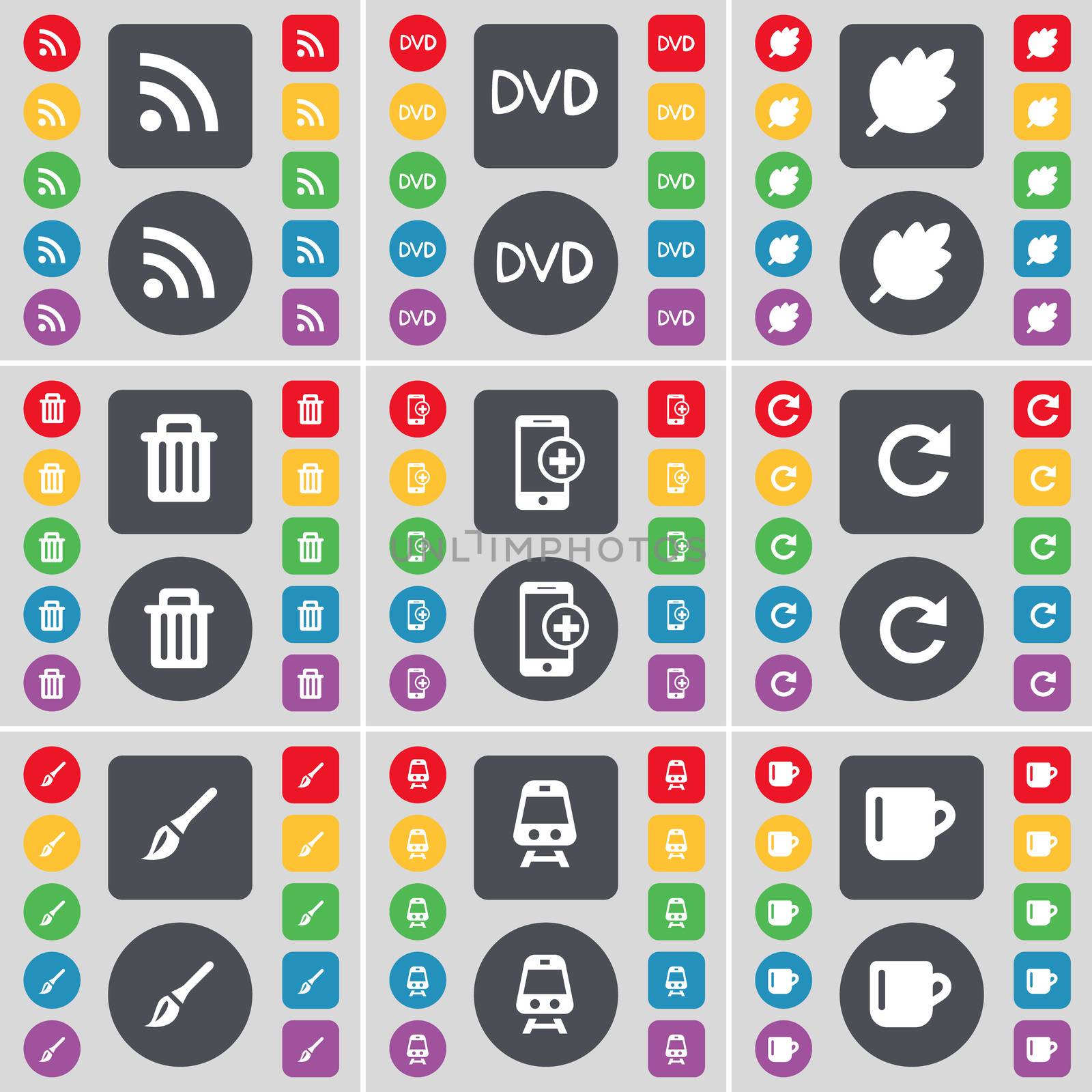 RSS, DVD, Leaf, Trash can, Smartphone, Reload, Brush, Train, Cup icon symbol. A large set of flat, colored buttons for your design. illustration