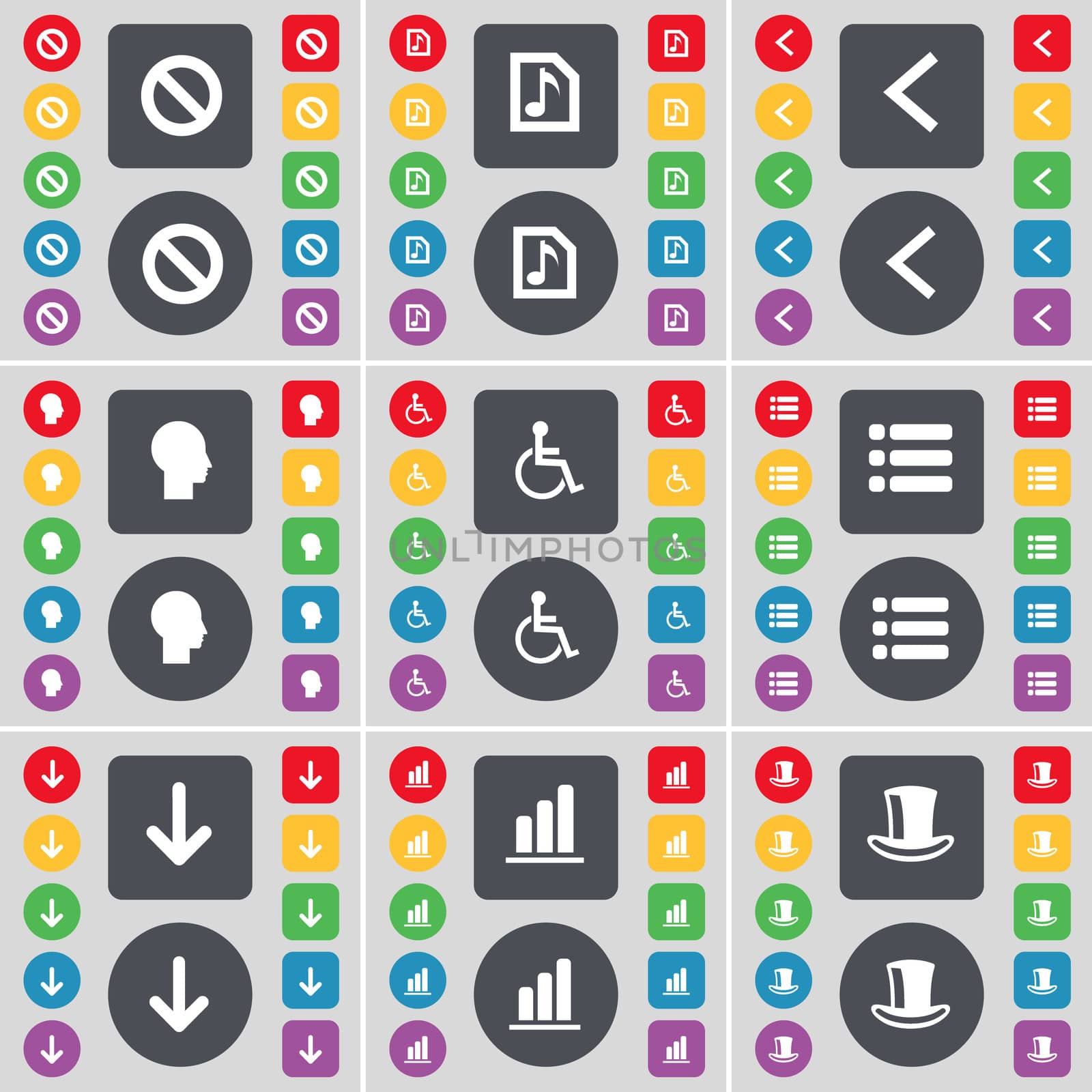 Stop, Music file, Arrow left, Silhouette, Disabled person, List, Arrow down, Diagram, Silk hat icon symbol. A large set of flat, colored buttons for your design.  by serhii_lohvyniuk