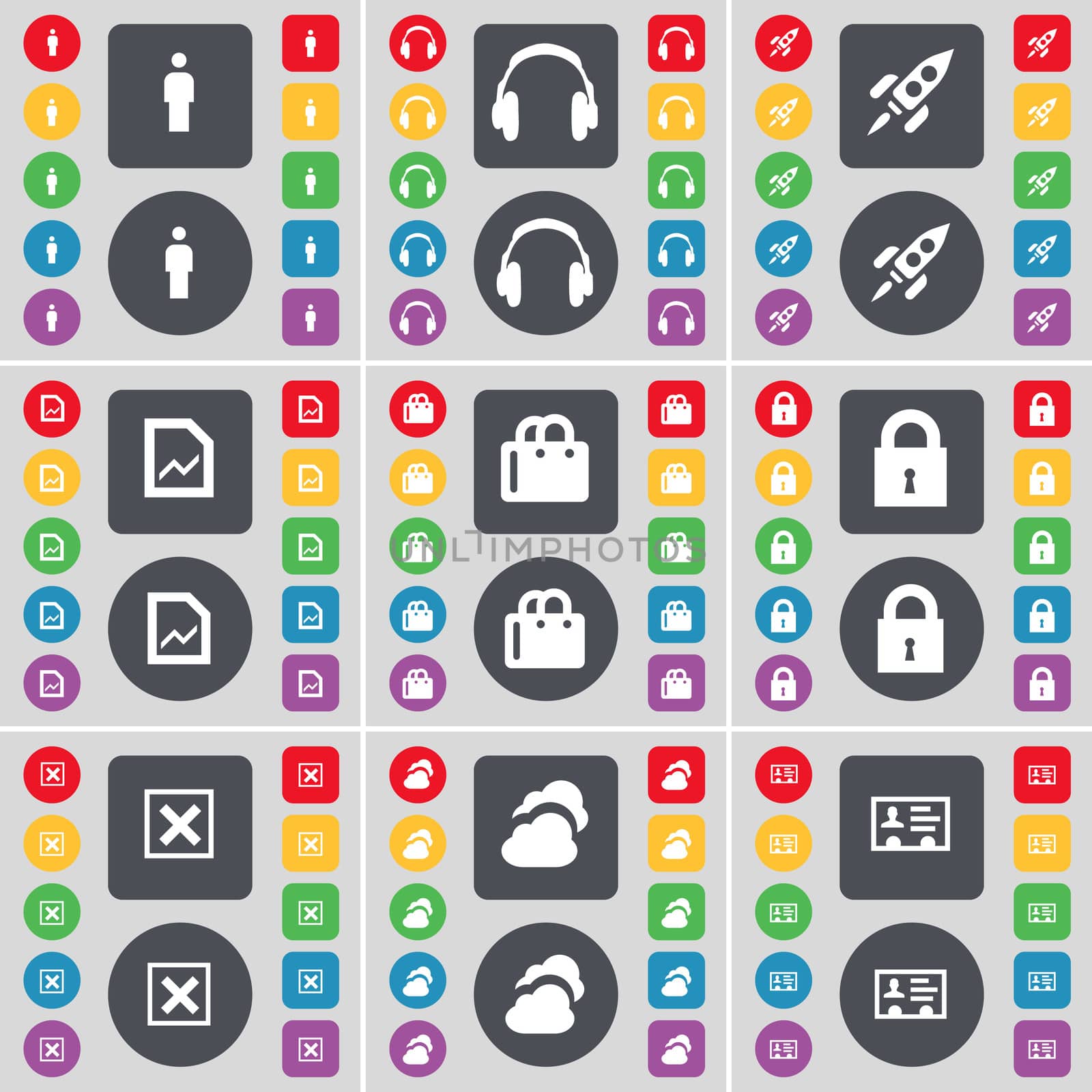 Silhouette, Headphones, Rocket, Graph, Shopping bag, Lock, Stop, Cloud, Contact icon symbol. A large set of flat, colored buttons for your design. illustration
