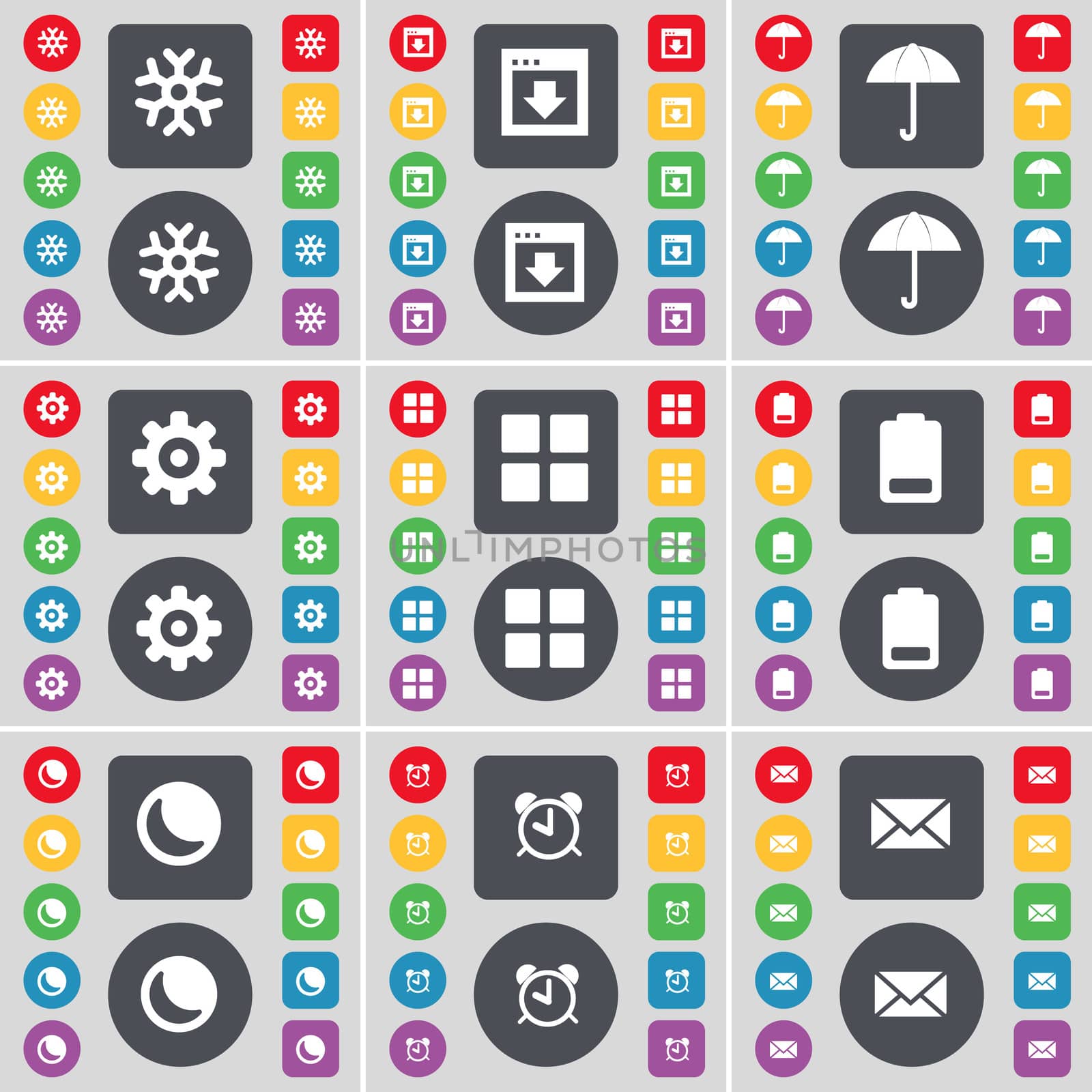 Snowflake, Window, Umbrella, Gear, Apps, Battery, Moon, Alarm clock, Message icon symbol. A large set of flat, colored buttons for your design. illustration