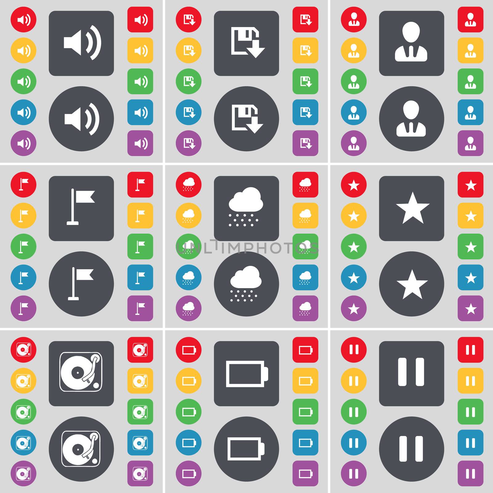 Sound, Floppy, Avatar, Golf hole, Cloud, Star, Gramophone, Battery, Pause icon symbol. A large set of flat, colored buttons for your design.  by serhii_lohvyniuk