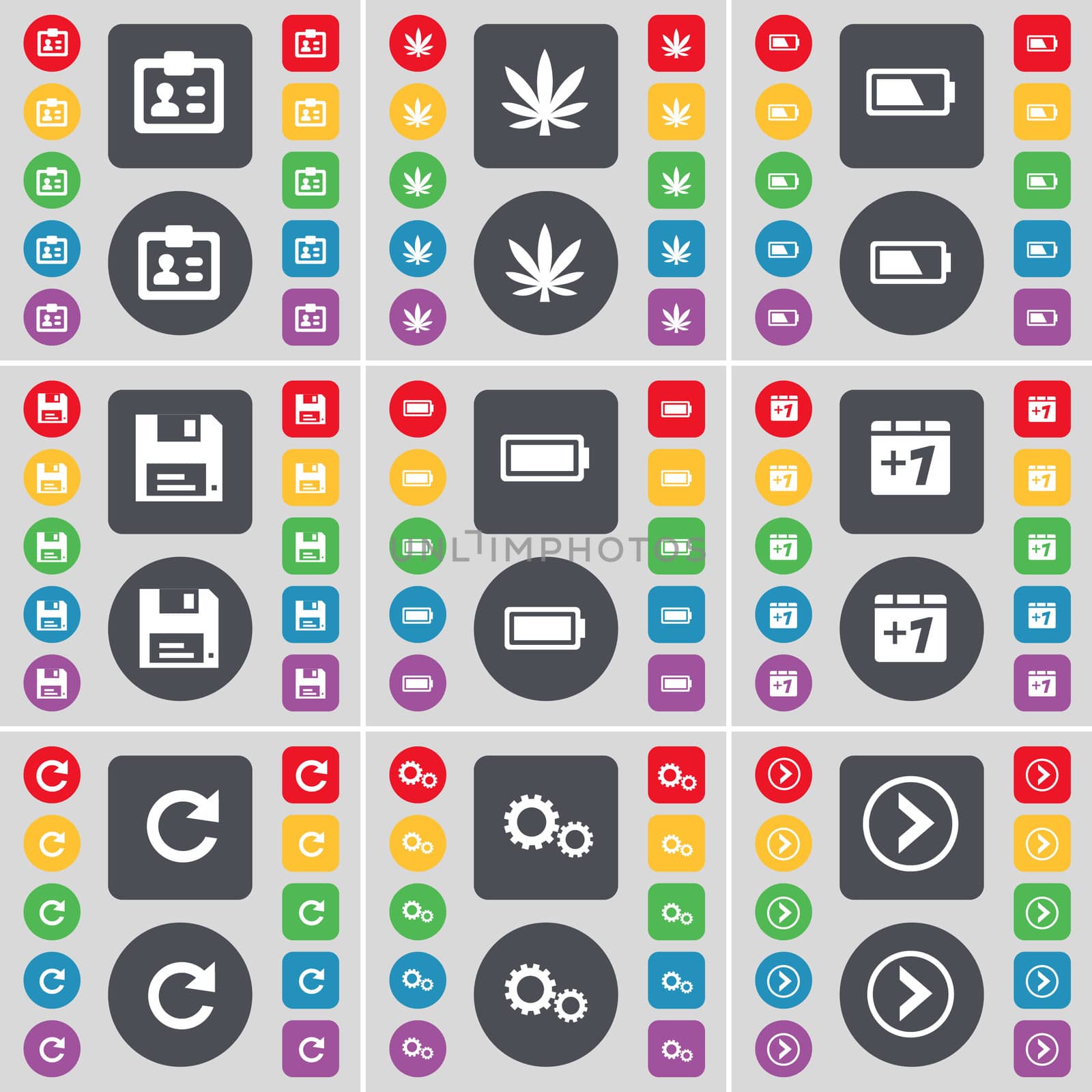 Contact, Marijuana, Battery, Floppy, Battery, Plus one, Reload, Arrow right icon symbol. A large set of flat, colored buttons for your design.  by serhii_lohvyniuk